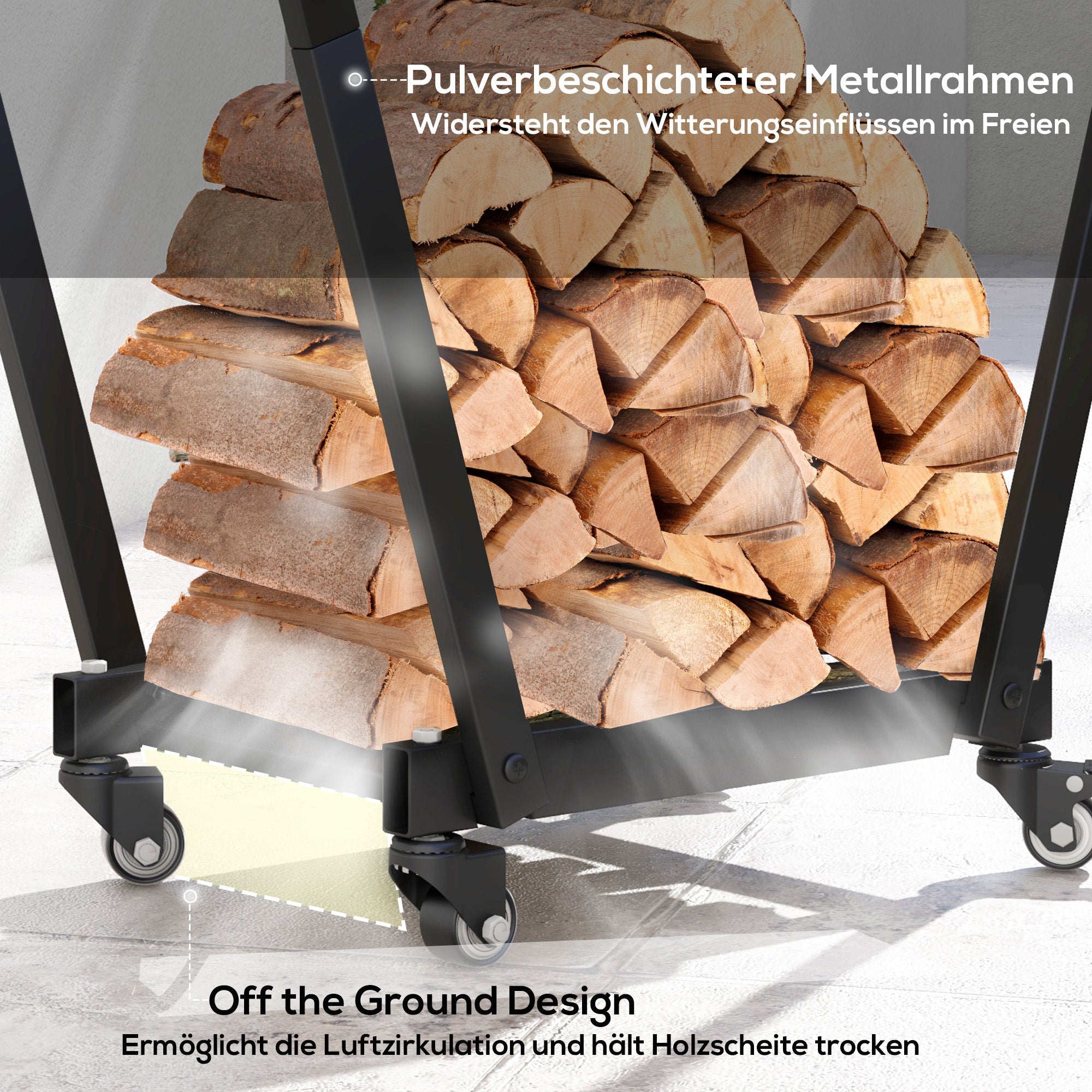 Firewood Rack with Wheels, 79x30x81cm, Kindling & Tool Hooks, Black Metal