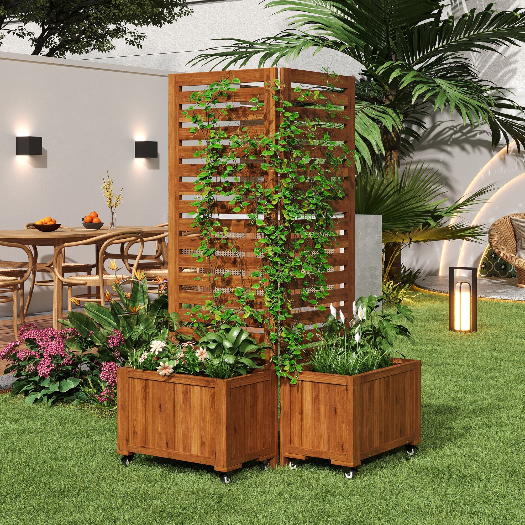 Planter Box with Trellis & Folding Wheels - Brown Solid Wood