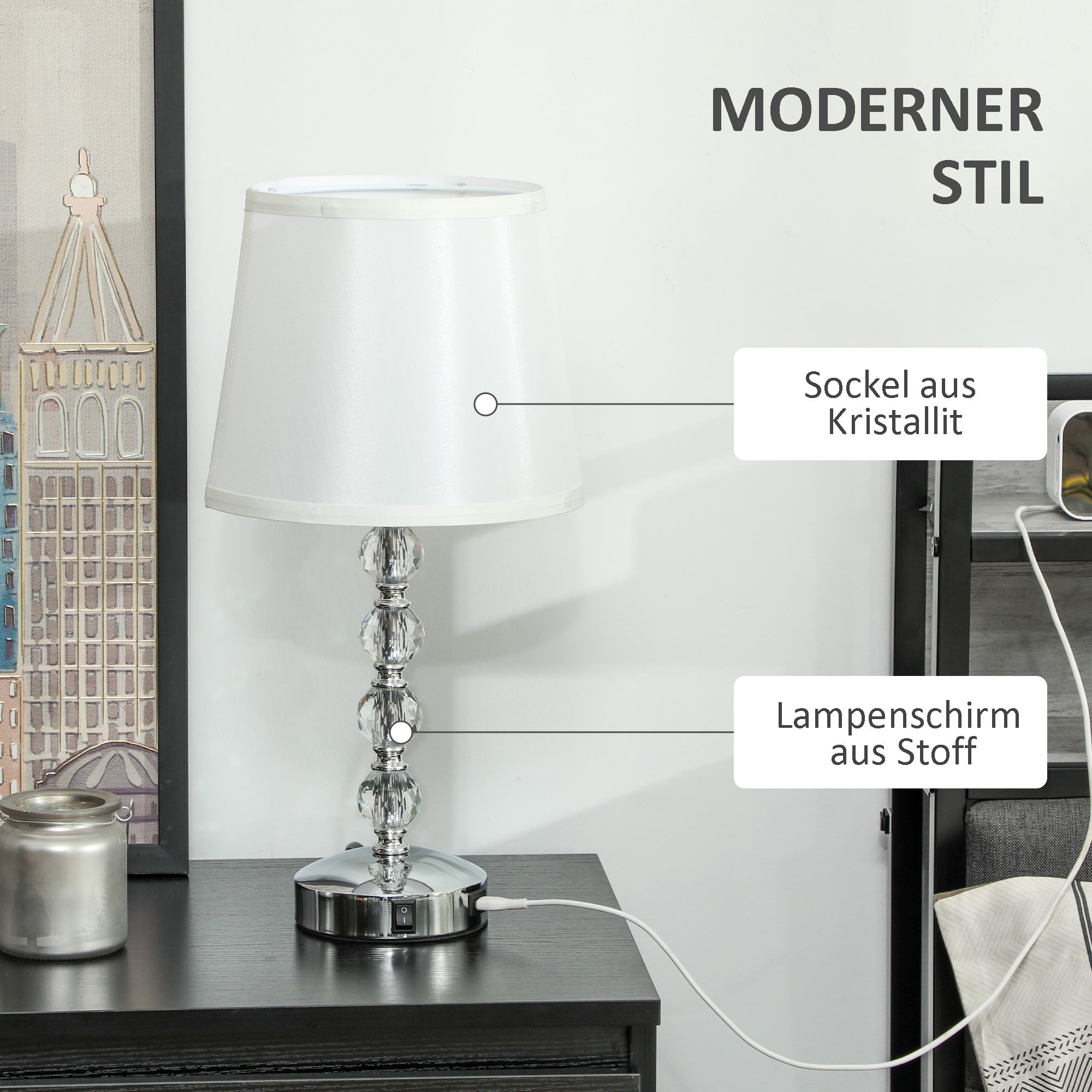 Table Lamp LED USB Rechargeable Crystal Bedside, Glass Silver