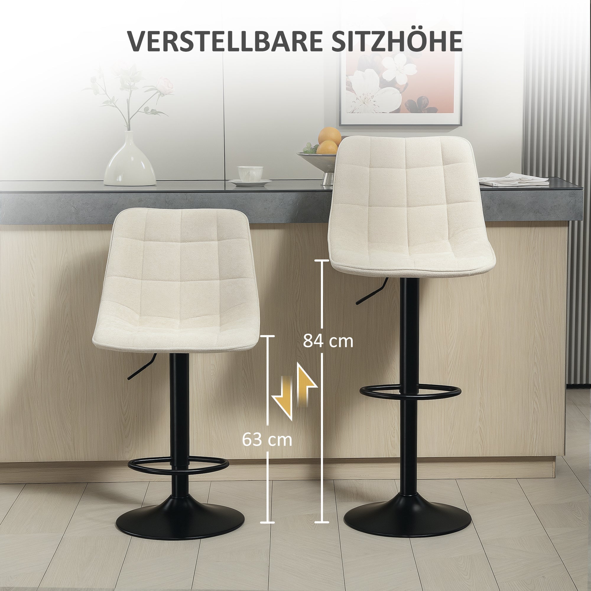 Bar Stool Set of 2, Upholstered with Backrest, Height-Adjustable, Swivel, Beige