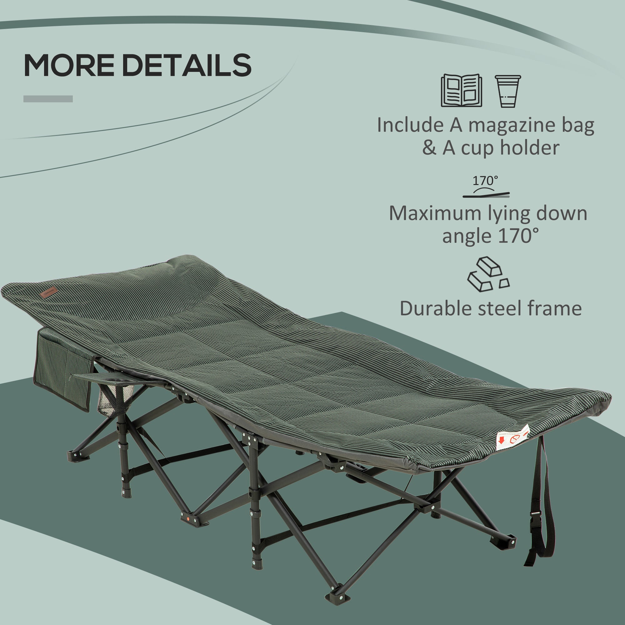 Foldable Camp Bed, Padded with Carry Bag and Cup Holder, Grey
