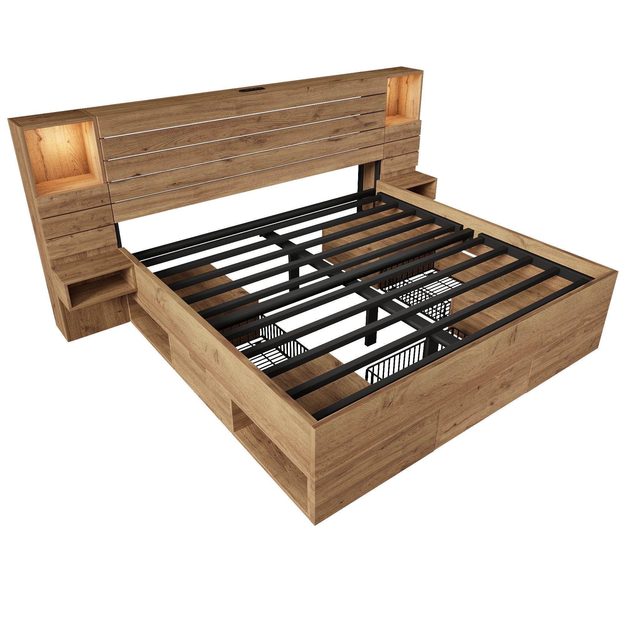 Wooden Double Bed with LED, USB Type-C, Floating Bedside Tables and Storage, 160x200cm, Oak Look
