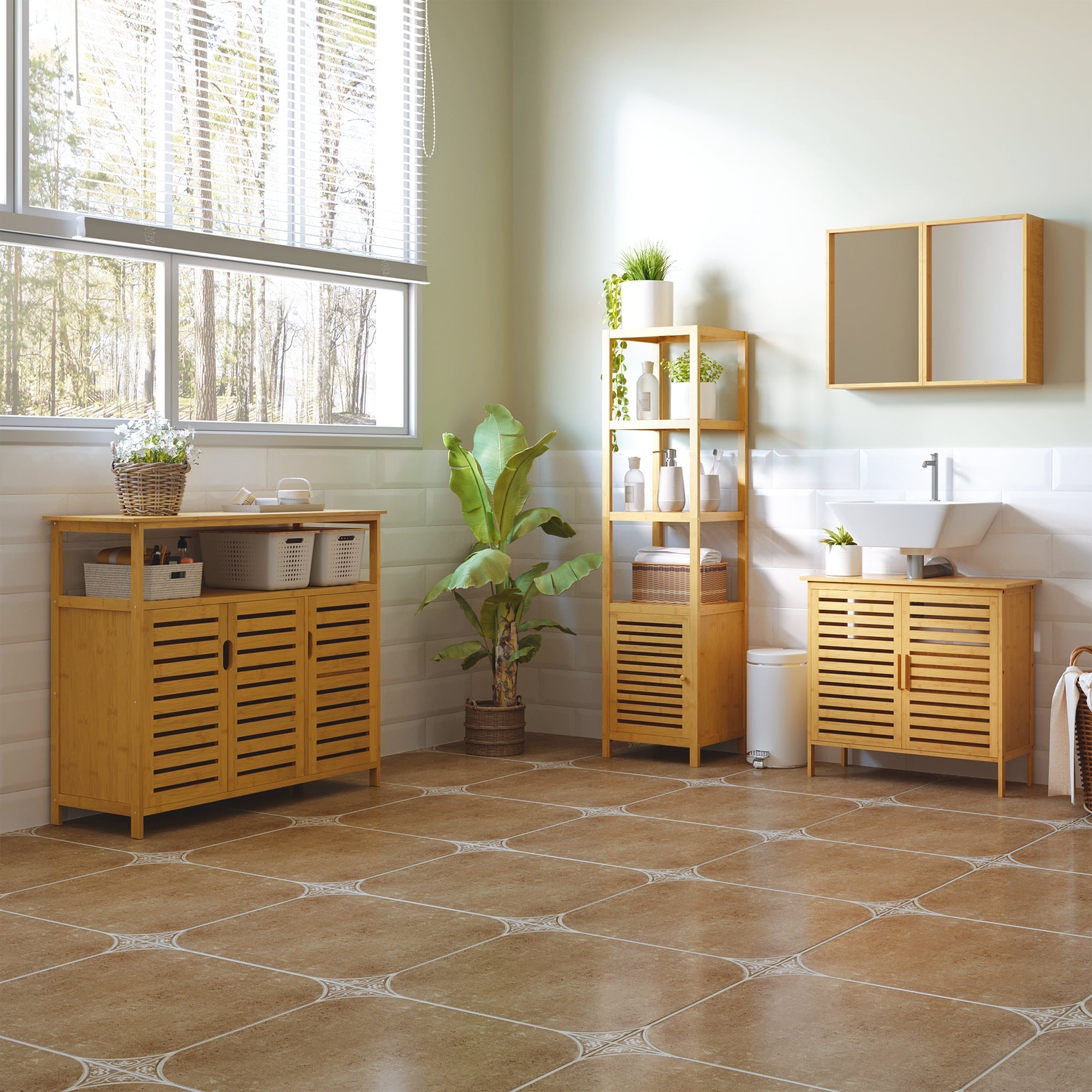 Badezimmerschrank, 3 offene Fächer, Toilettenaufbewahrung, Bambus
