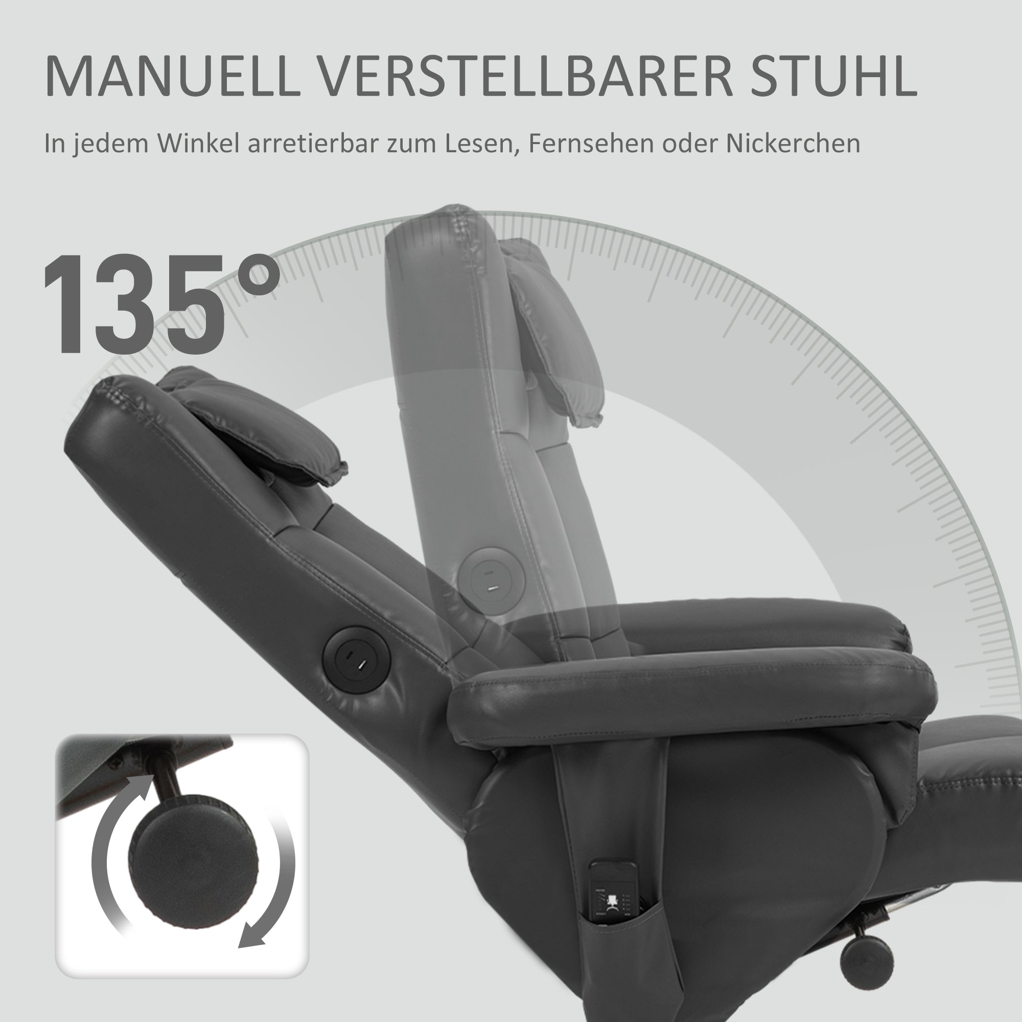 Reclining Massage Armchair with Footstool, Storage, Side Pocket - Faux Leather Black
