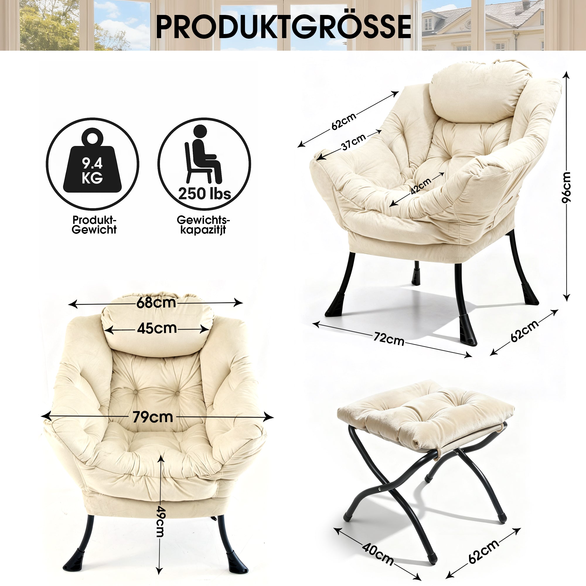 Armchair with Footstool Recliner Armrests Side Pocket - Beige