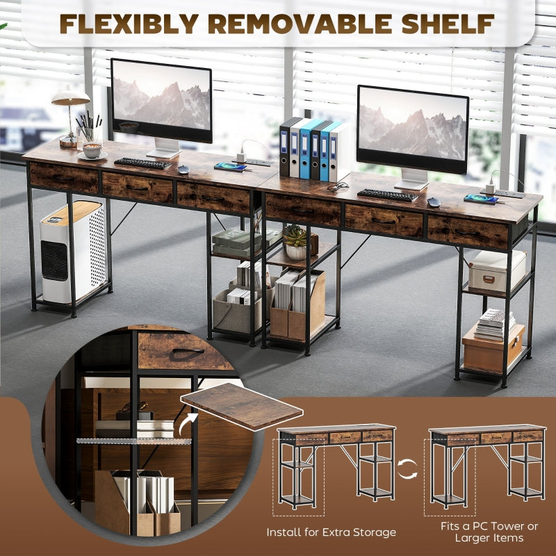 120cm Computer Desk with Power Outlets, Drawers and Storage Shelves, Rustic Brown