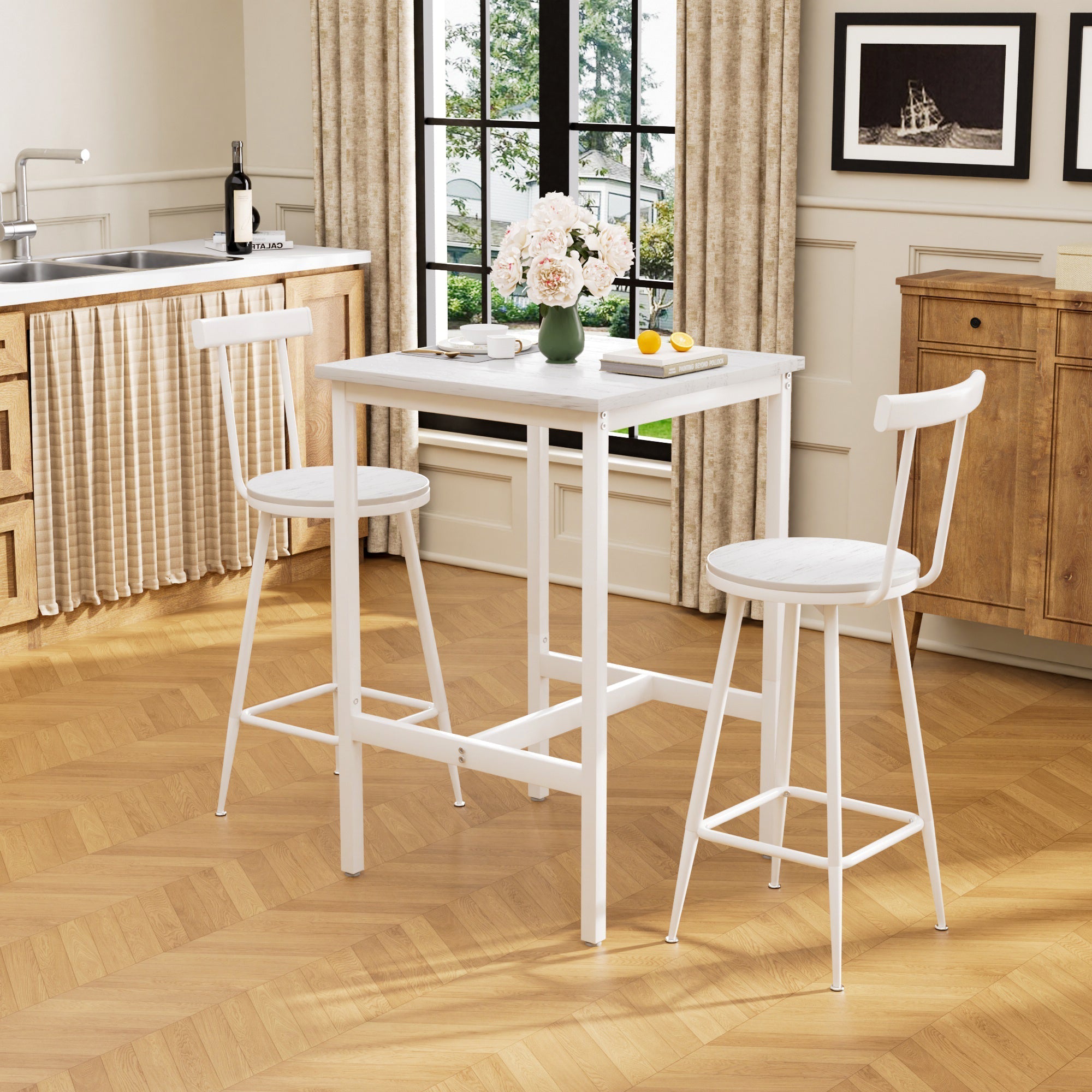 Bar Table and 2 Stools Set Industrial Style Metal Frame - White