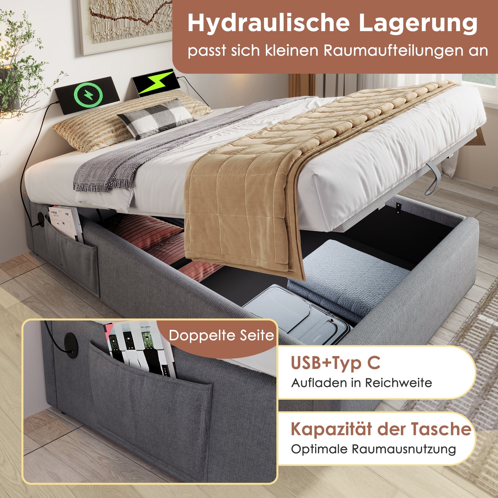 Upholstered Double Bed 140x200 cm, USB-C, Full Slatted Frame, Cotton Grey