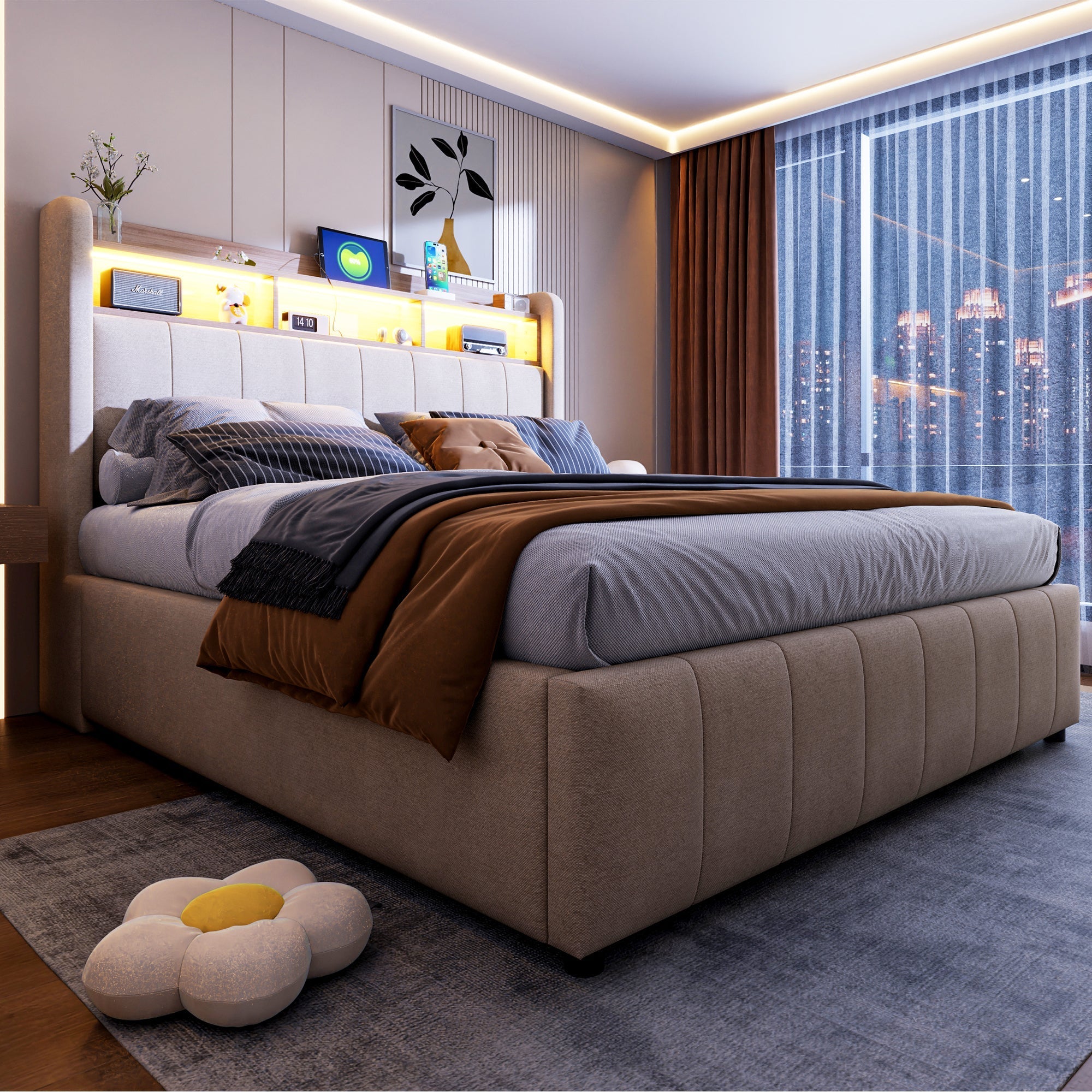 Upholstered Bed 140*200cm, LED Lighting, USB Socket, Headboard with Shelves, Hydraulic Storage, Double Bed, Beige Linen Fabric