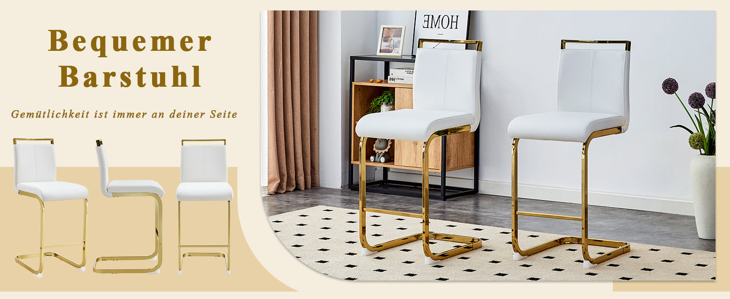 Bar Stools Set of 2 Nordic Style Gold Metal Legs - White Faux Leather