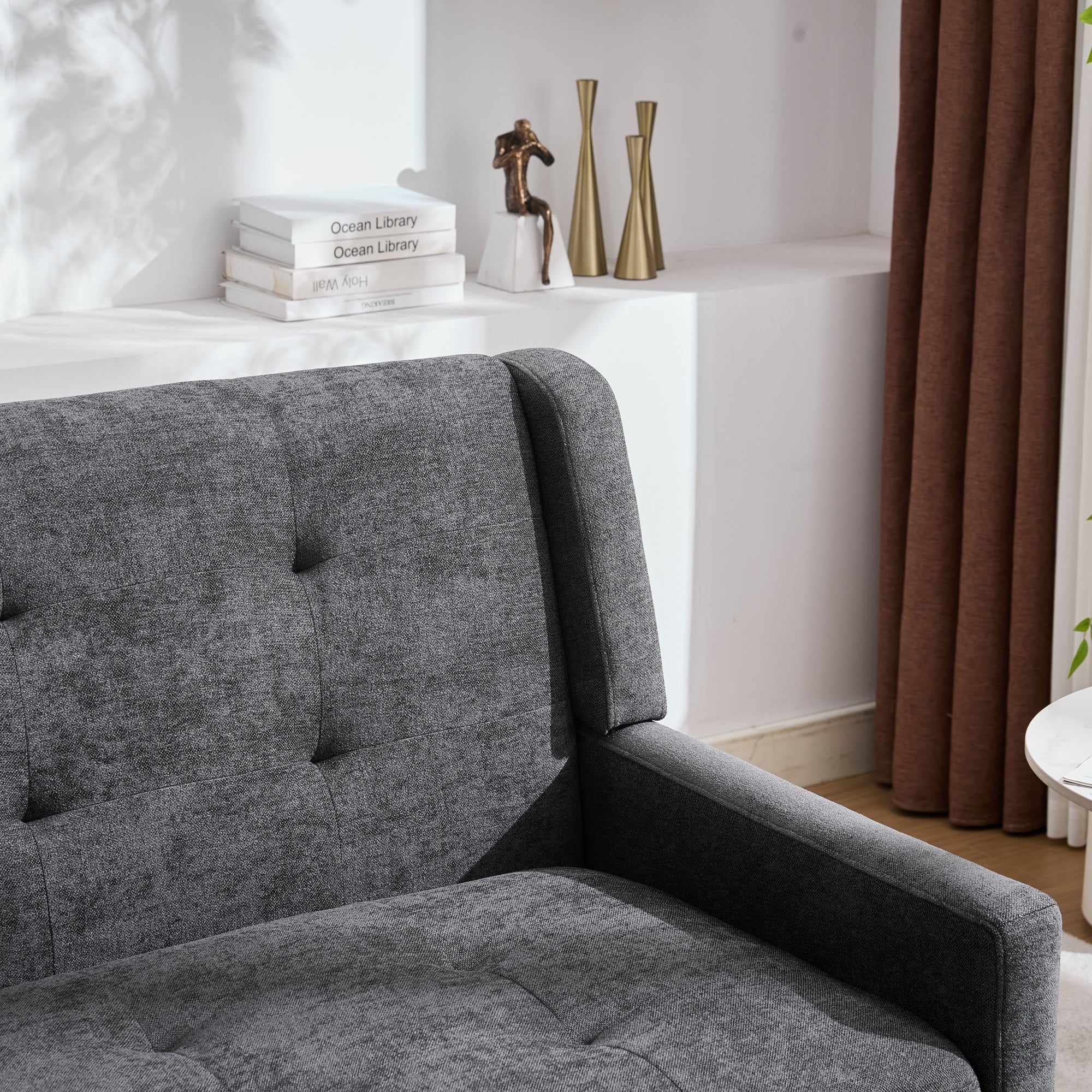 2-Seater Linen Bench with Solid Wood Legs and Button-Tufted Cushion, Natural Linen