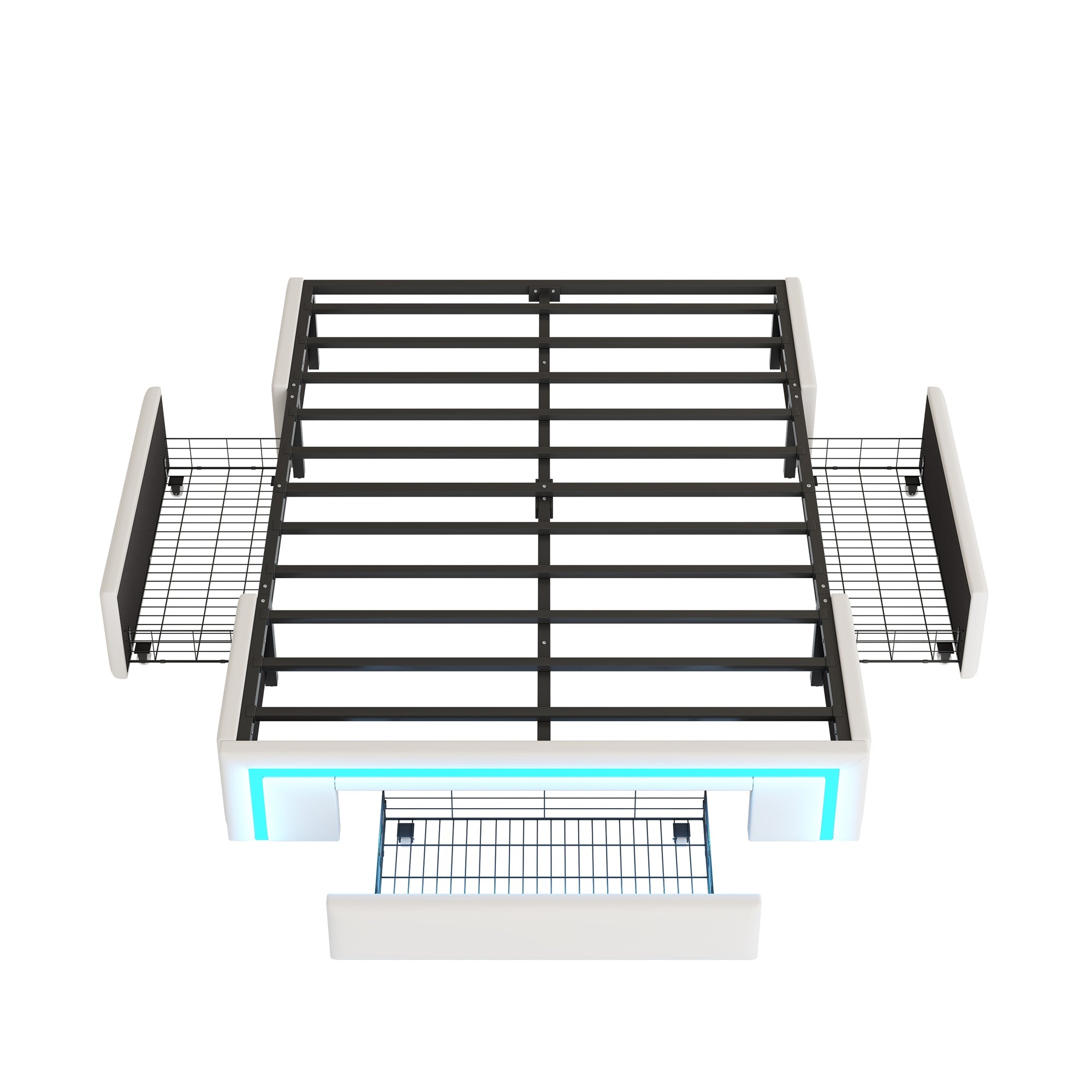 Bed Frame 140x200 with Drawers, LED Light Bar, Metal Slatted Platform, PU Leather Beige