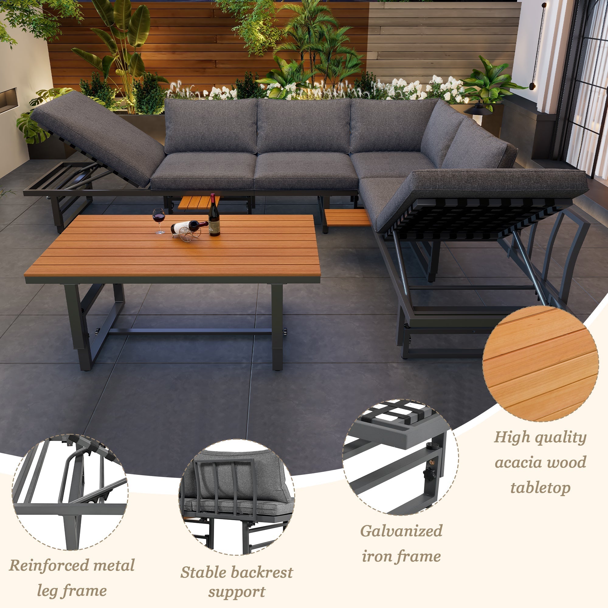 Outdoor Garden Furniture Set with Adjustable Table and Backrests, Galvanised Iron & Acacia Wood, Grey