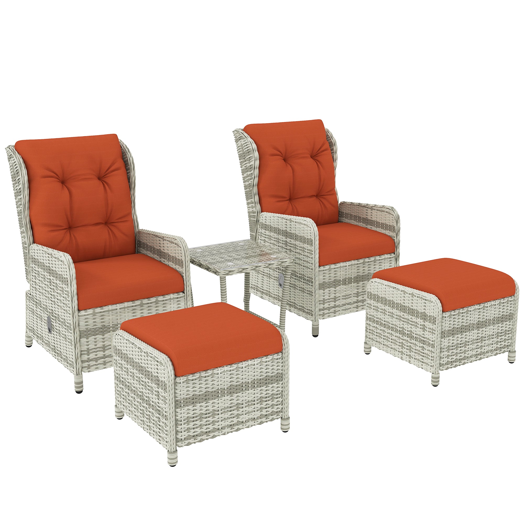 5 Pieces Rattan Bistro Set, Adjustable Reclining Chairs with Cushions and Glass Top Table, Orange