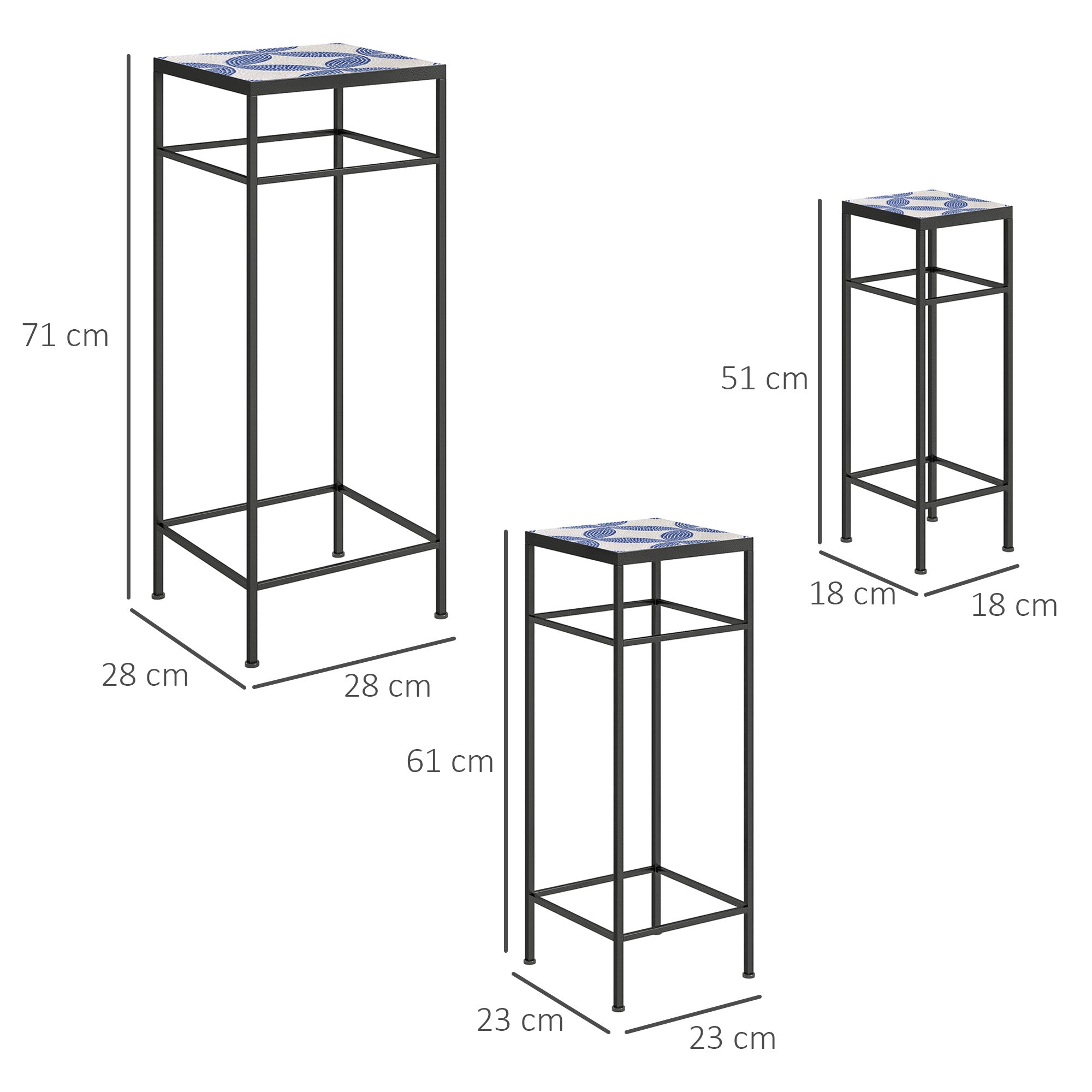 Pflanzenständer, 3er-Set, 71 cm hoch, Metall, Blau+Weiß
