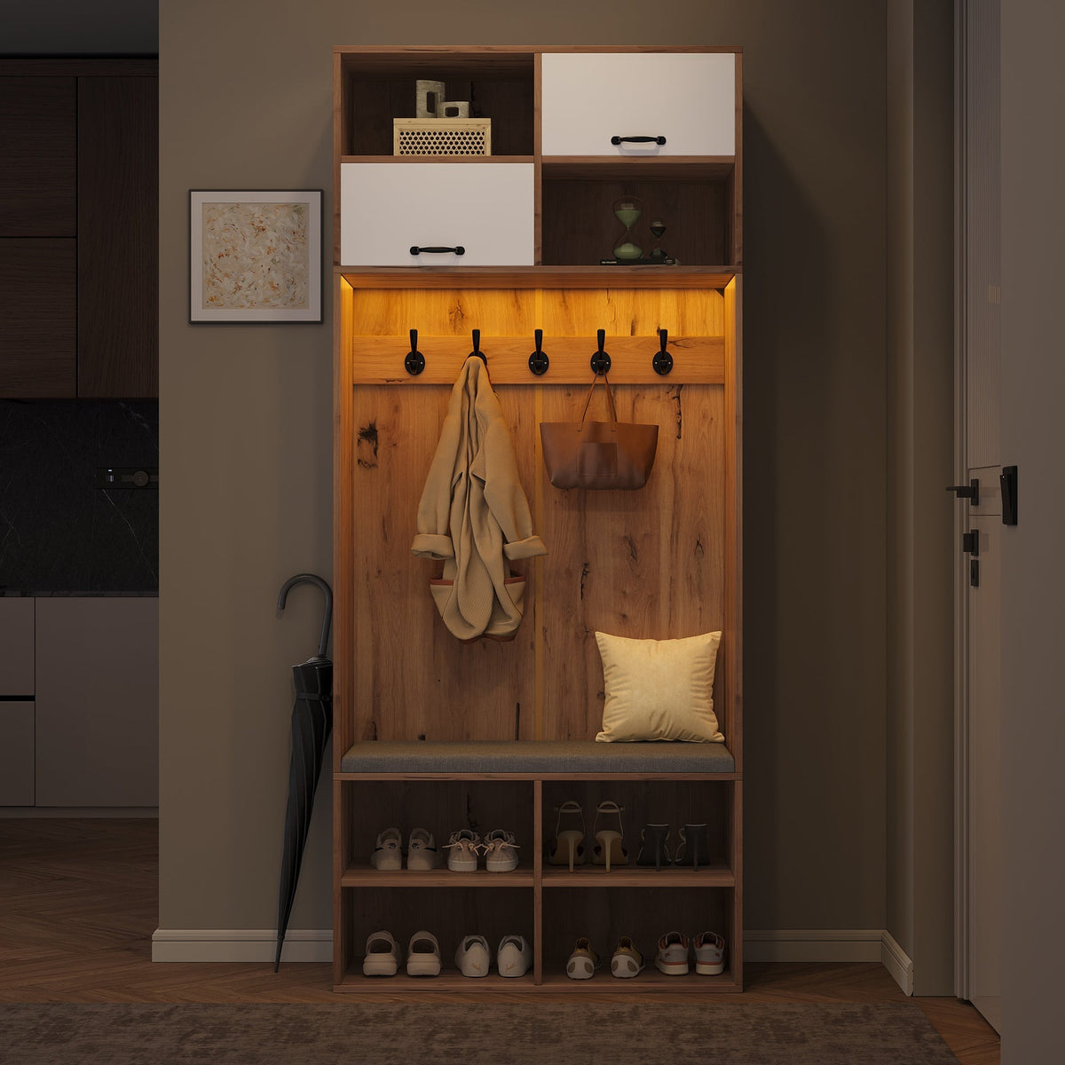 Wardrobe Set Hallway Bench 5 Hooks 2 Doors 6 Storage 80x185x35cm, Natural Wood/White
