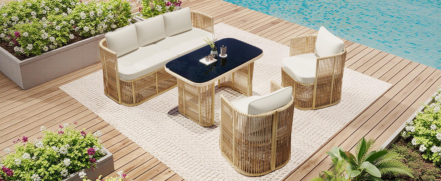 4-Piece Garden Furniture Set with 3-Seater Sofa, 2 Armchairs and Glass Table, PE Rattan and Steel