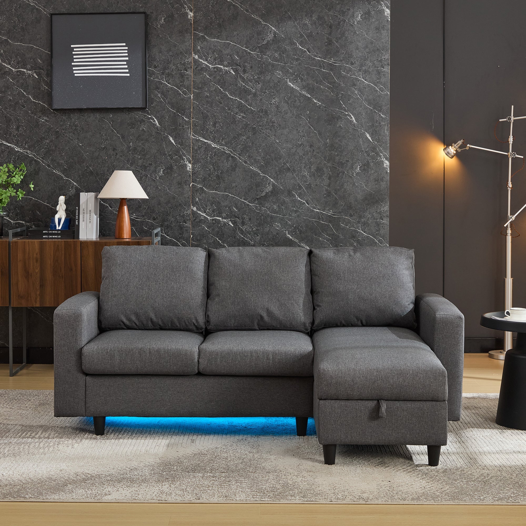 L-Shaped Sofa Bed, 3 Seater Convertible Sectional with Storage, USB & LED, Grey