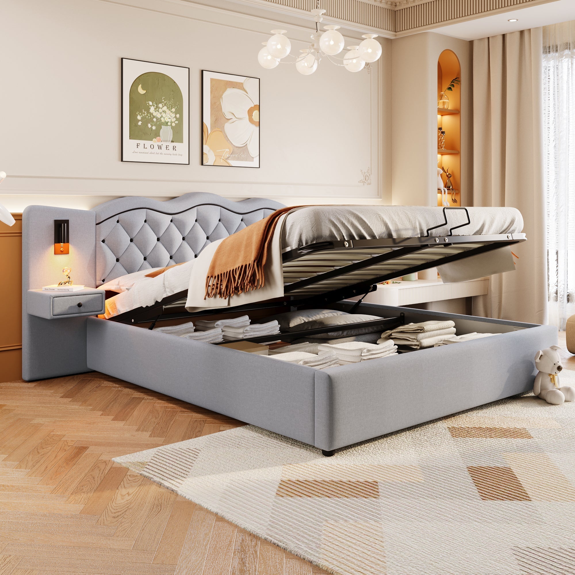 Upholstered Flat Bed with Hydraulic Lifting Mechanism, USB Ports and Storage, Grey