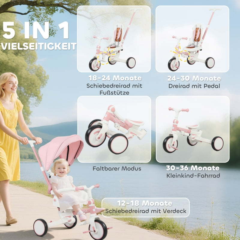 Children's Tricycle, 5-in-1 Convertible Buggy with Removable Handle and Safety Belt, Pink