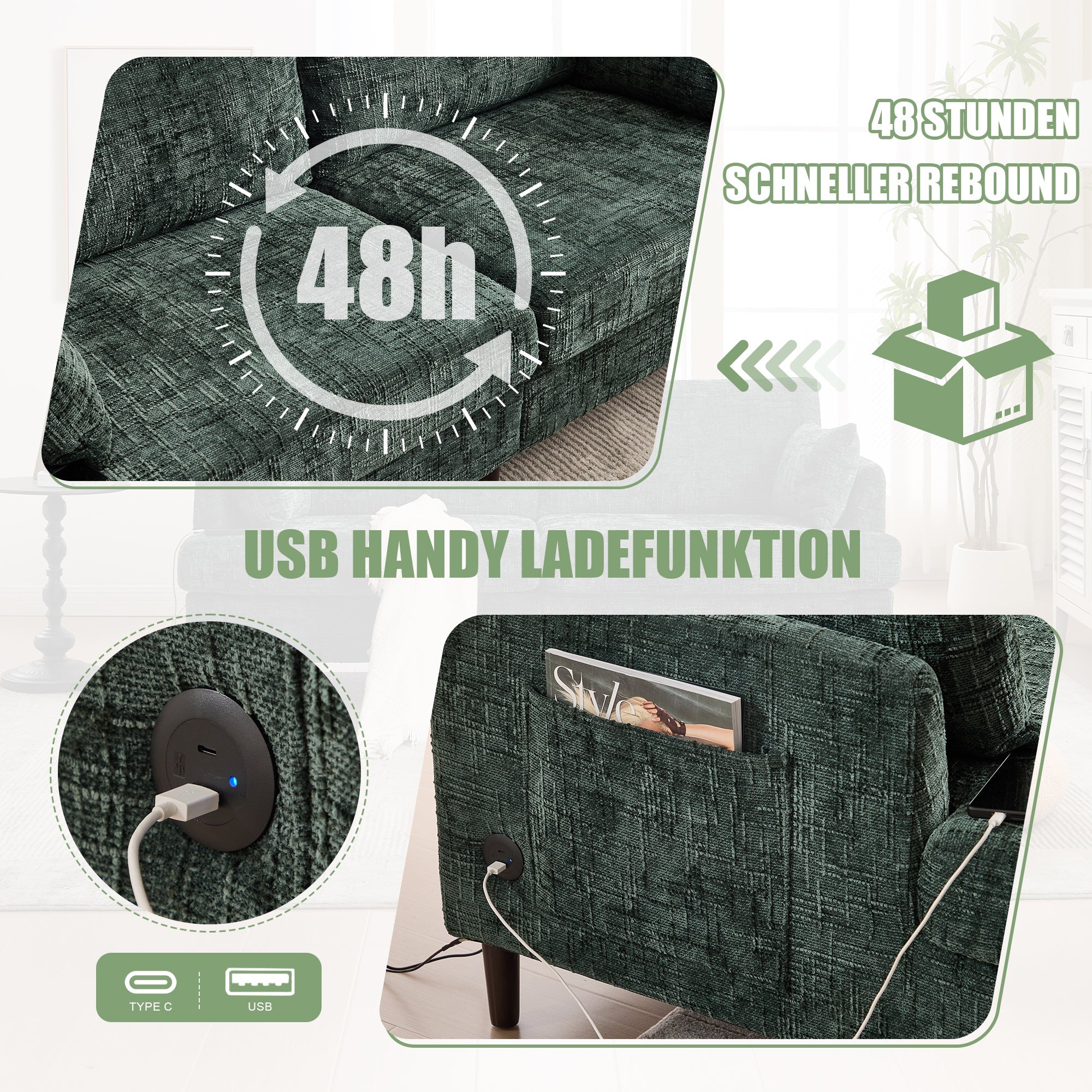 Sofa, Modern 2-Seater with LED Light, USB Port, Storage Bag, Chenille