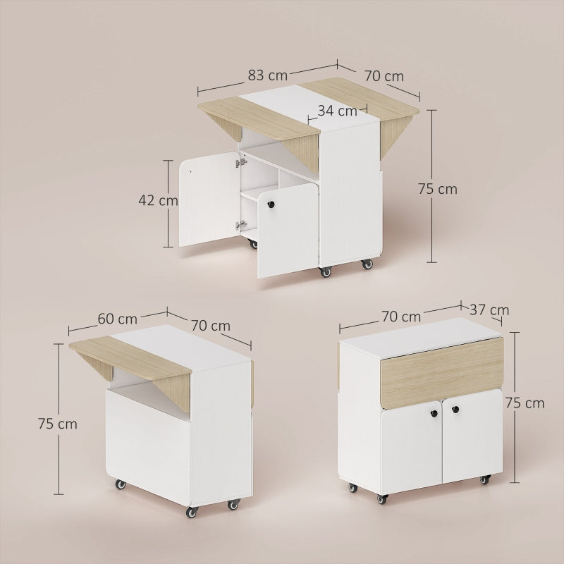 Klapptisch mit Rollschrank, zwei klappbare Seiten, 4 Rollen, Weiß + Naturholz