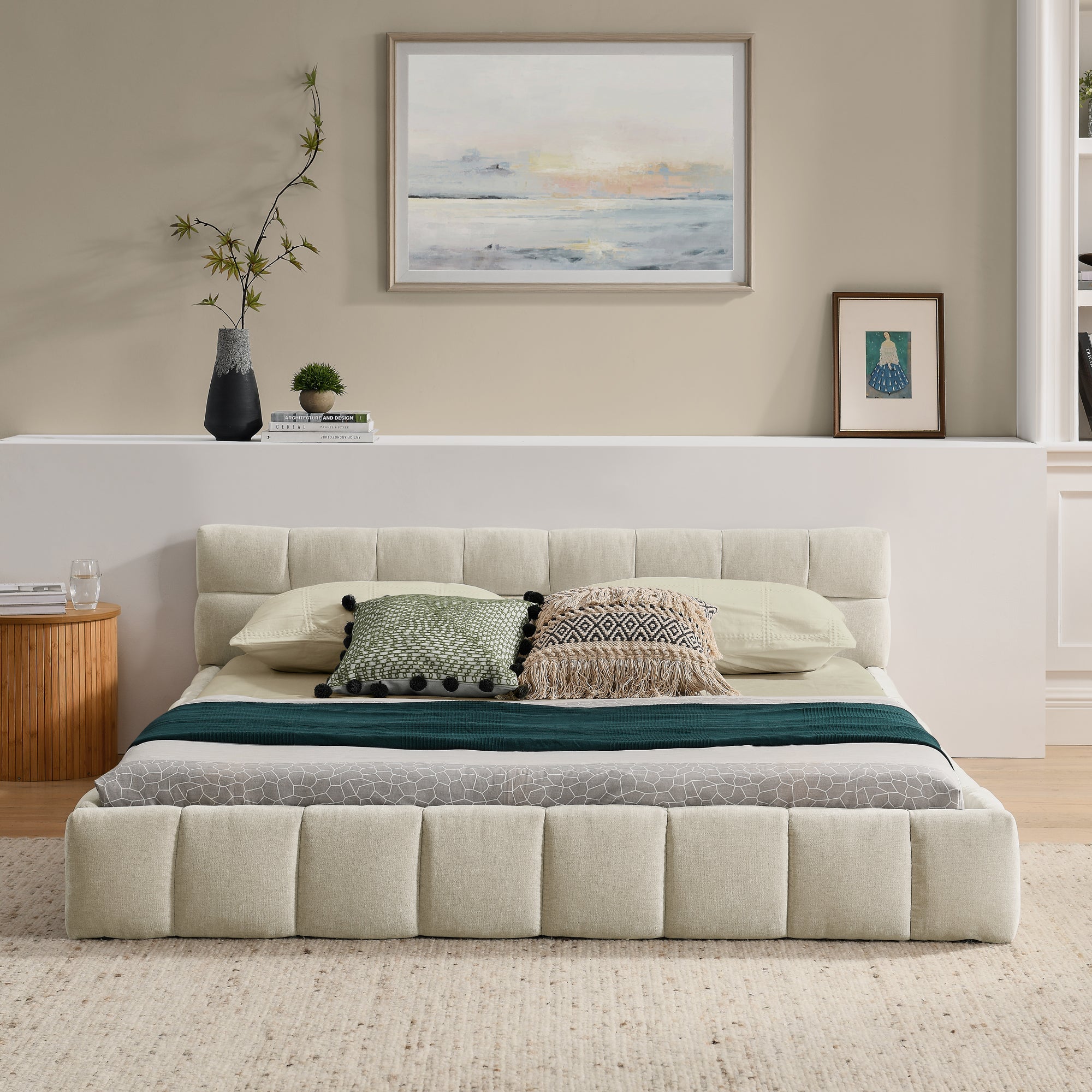 Double Bed 140x200cm, Chenille Cover Quilted Design Eucalyptus Wood Frame, Beige