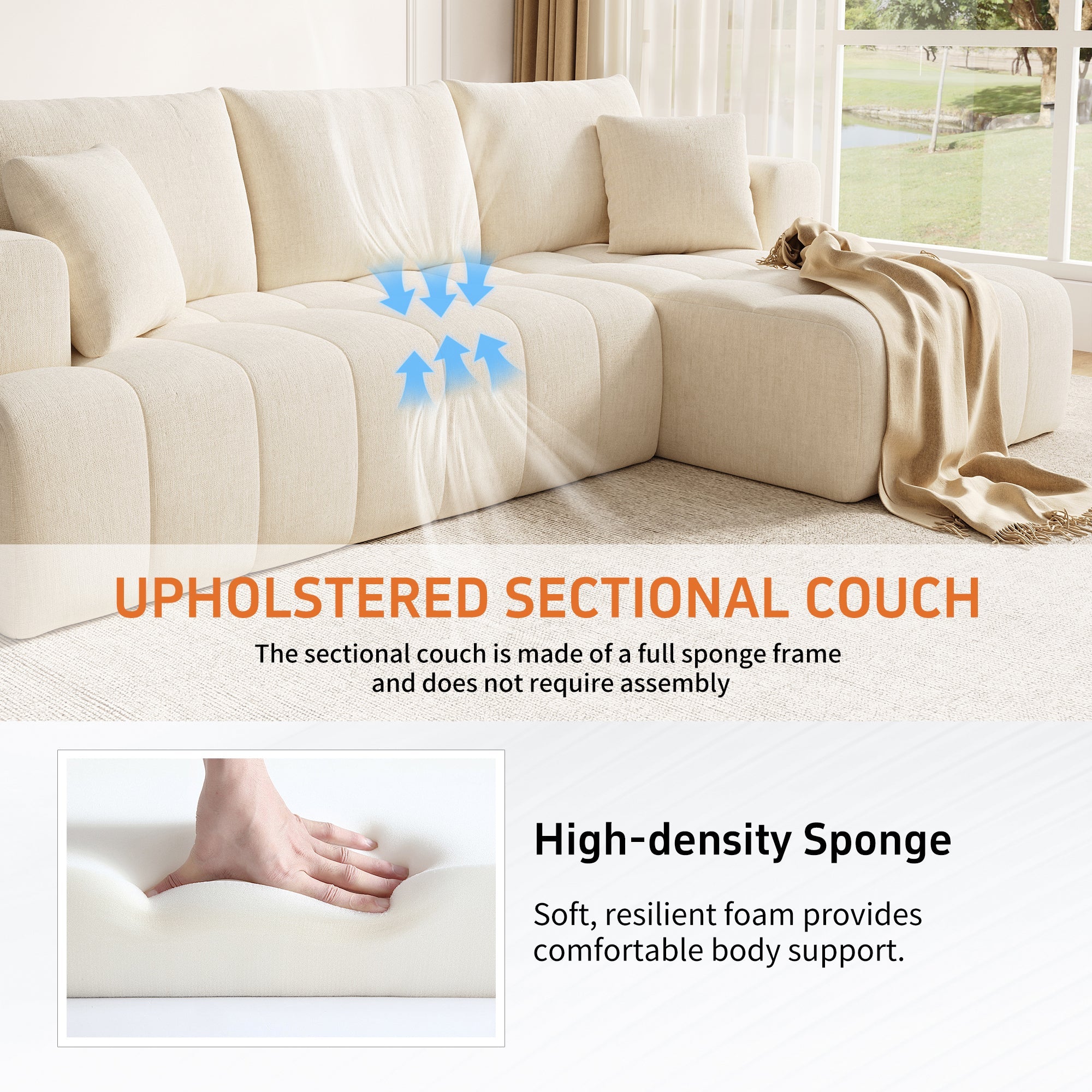 Cloud Modular L-Shaped Corner Sofa with Low-Profile Design, Beige Chenille