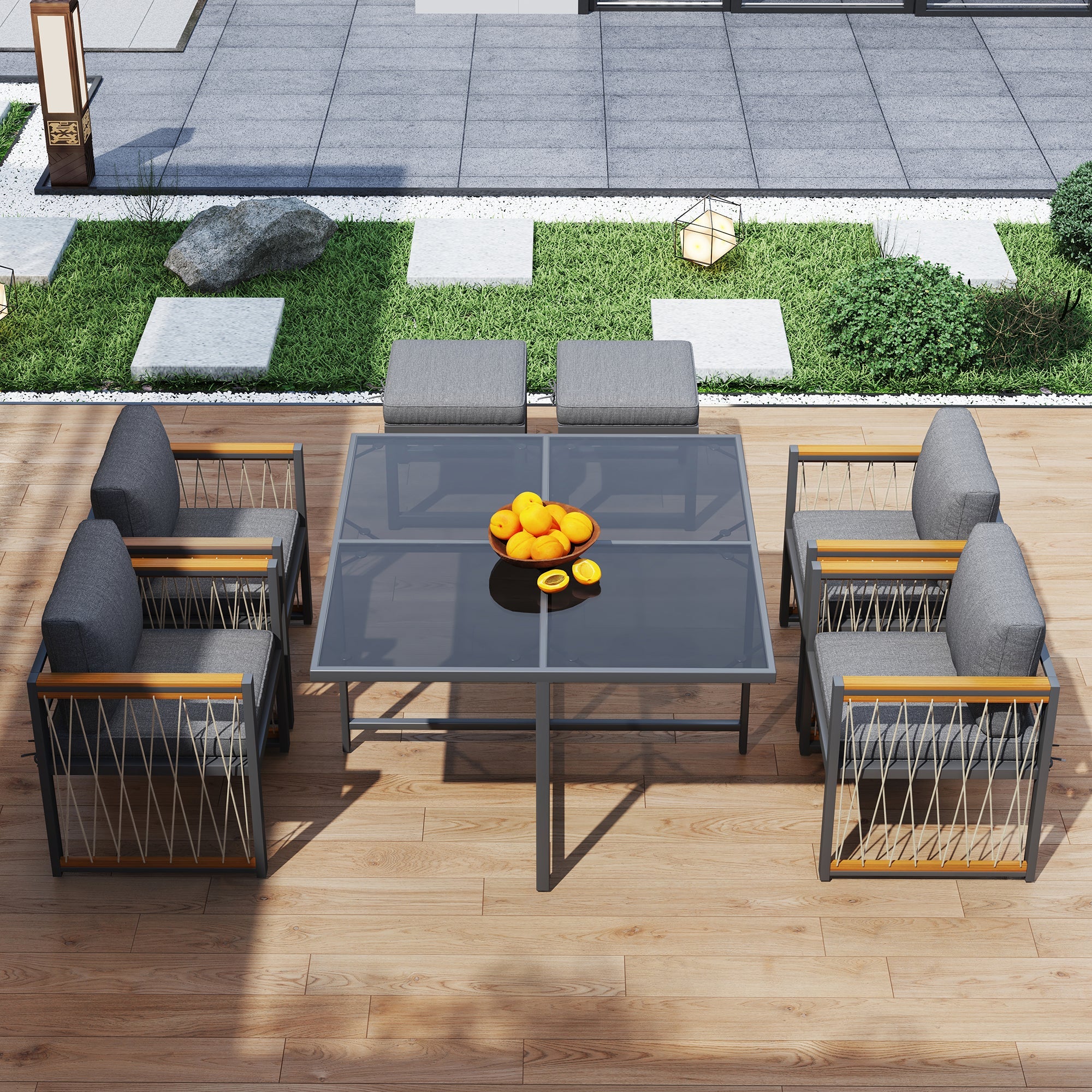 7-Piece Outdoor Dining Set for 6, Tempered Glass Table, Acacia Wood