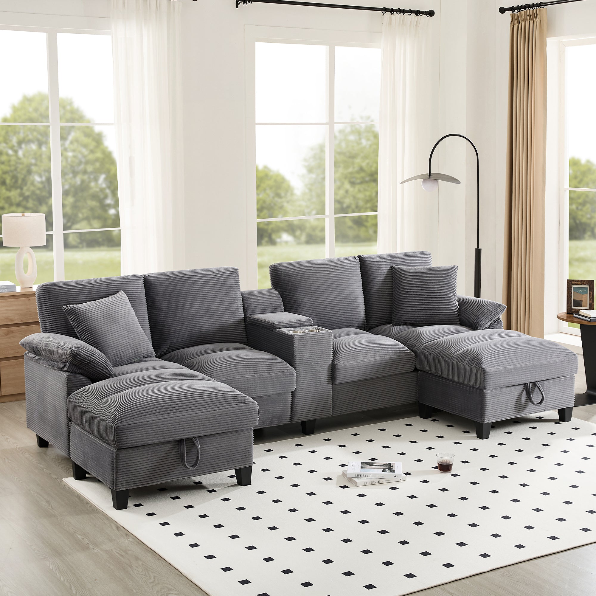 U-Shaped Sofa 4-Seater Oversized Storage USB Cup Holders - Corduroy