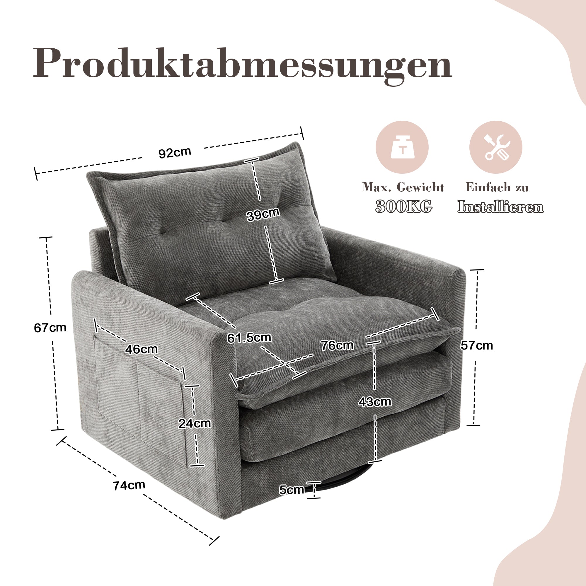 Lounge Chair | 360° Swivel Armrests Large Single Sofa Modern Style Cushions | Armchair