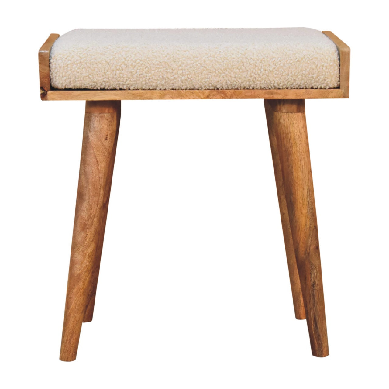 Solid Wood Footstool, Upholstered Tray Style Nordic Legs, Boucle Cream/Beige and Brown