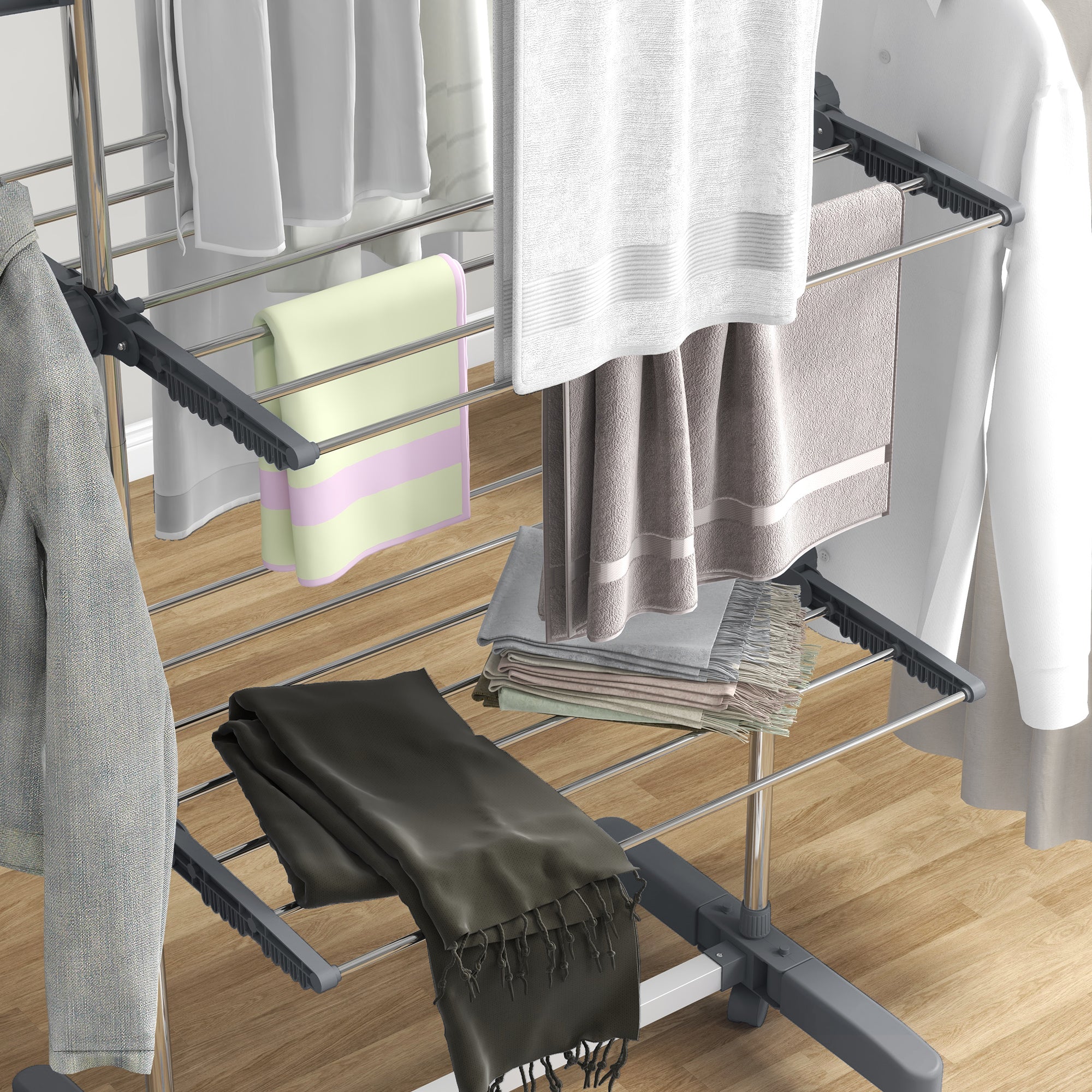 Clothes dryer tower, 3 levels foldable with side wings, steel gray