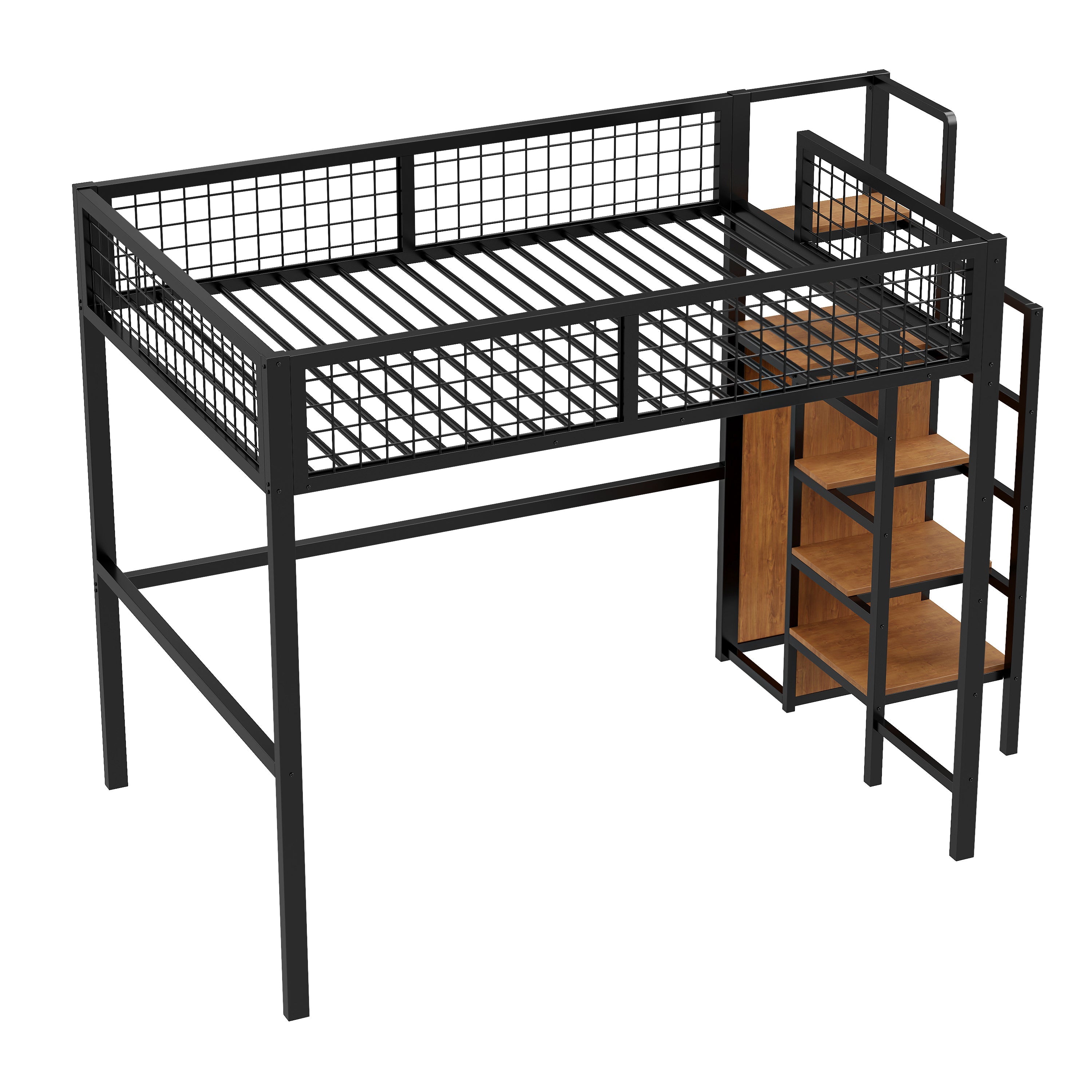 Loft Bed 140*200, Ladder & Storage, Iron Frame, Black