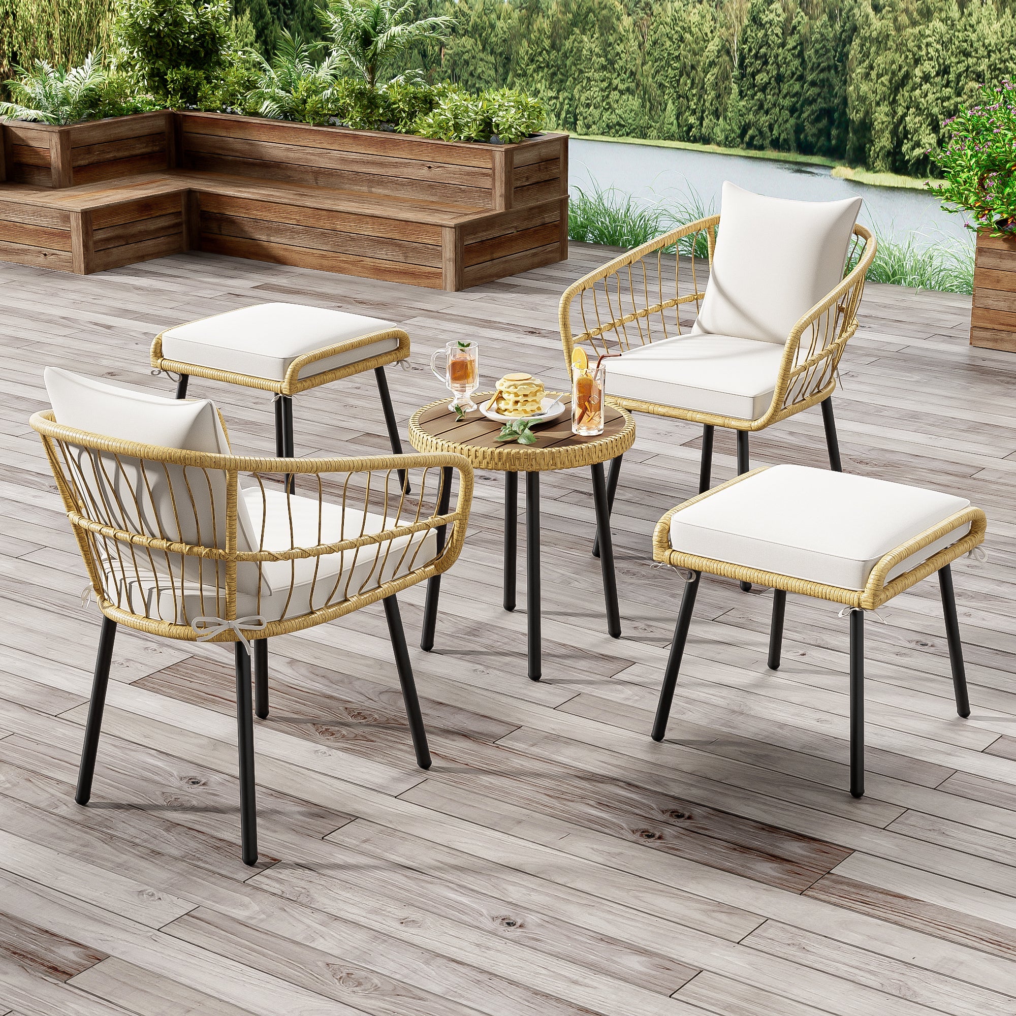 5-Piece Garden Lounge Set 1 Table 2 Chairs 2 Stools - Rattan Natural