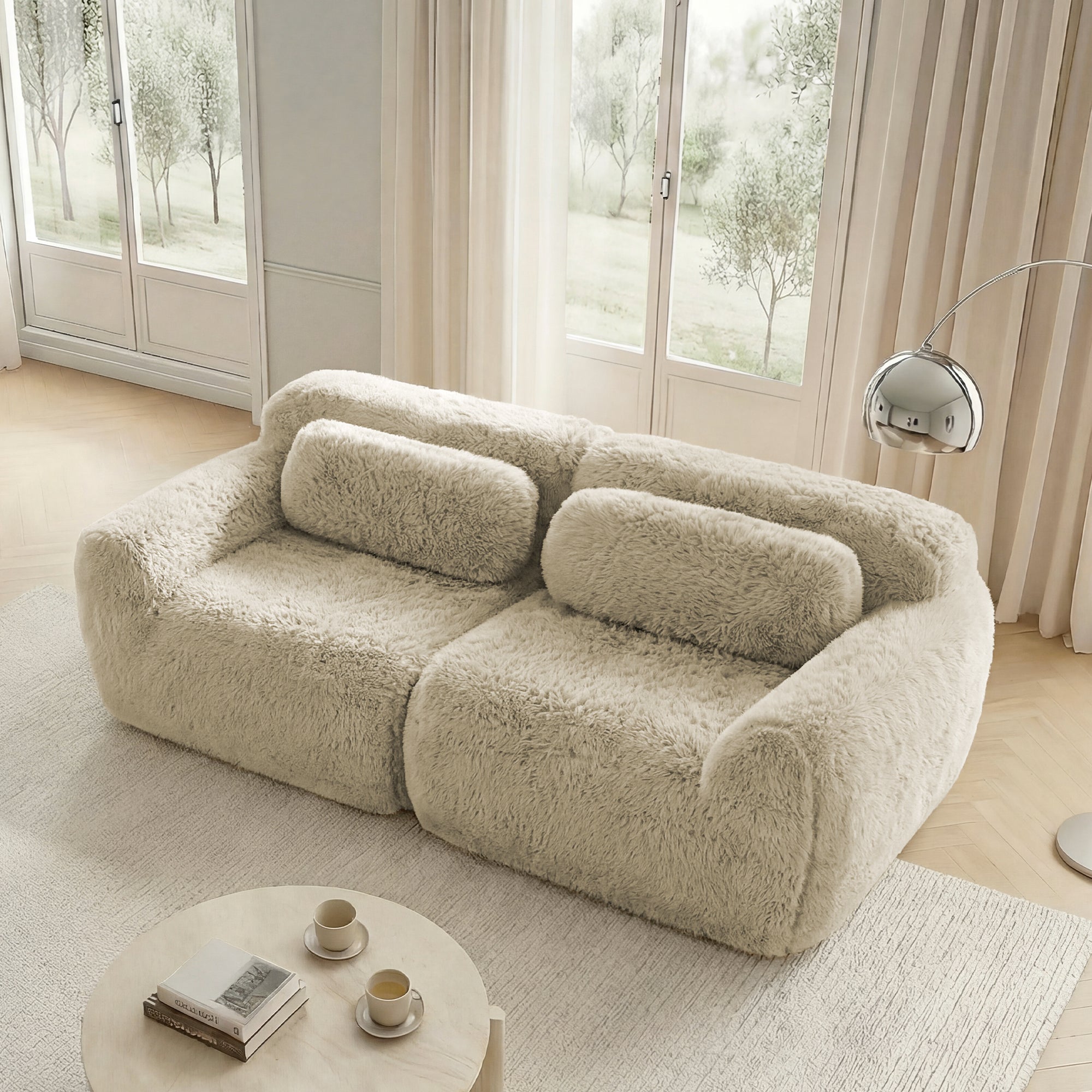 2-Seater Sofa Modular Frameless Plush Fabric - Light Khaki