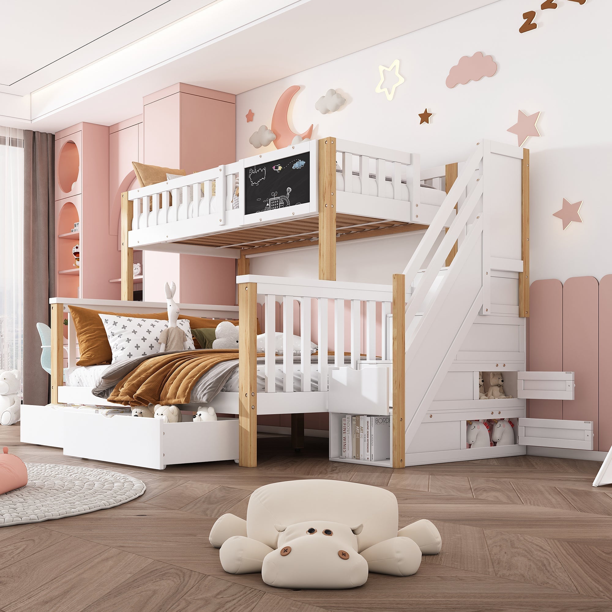 Children's Bunk Bed Multifunctional Chalkboard Drawers 90x200/140x200 - White/Light Oak