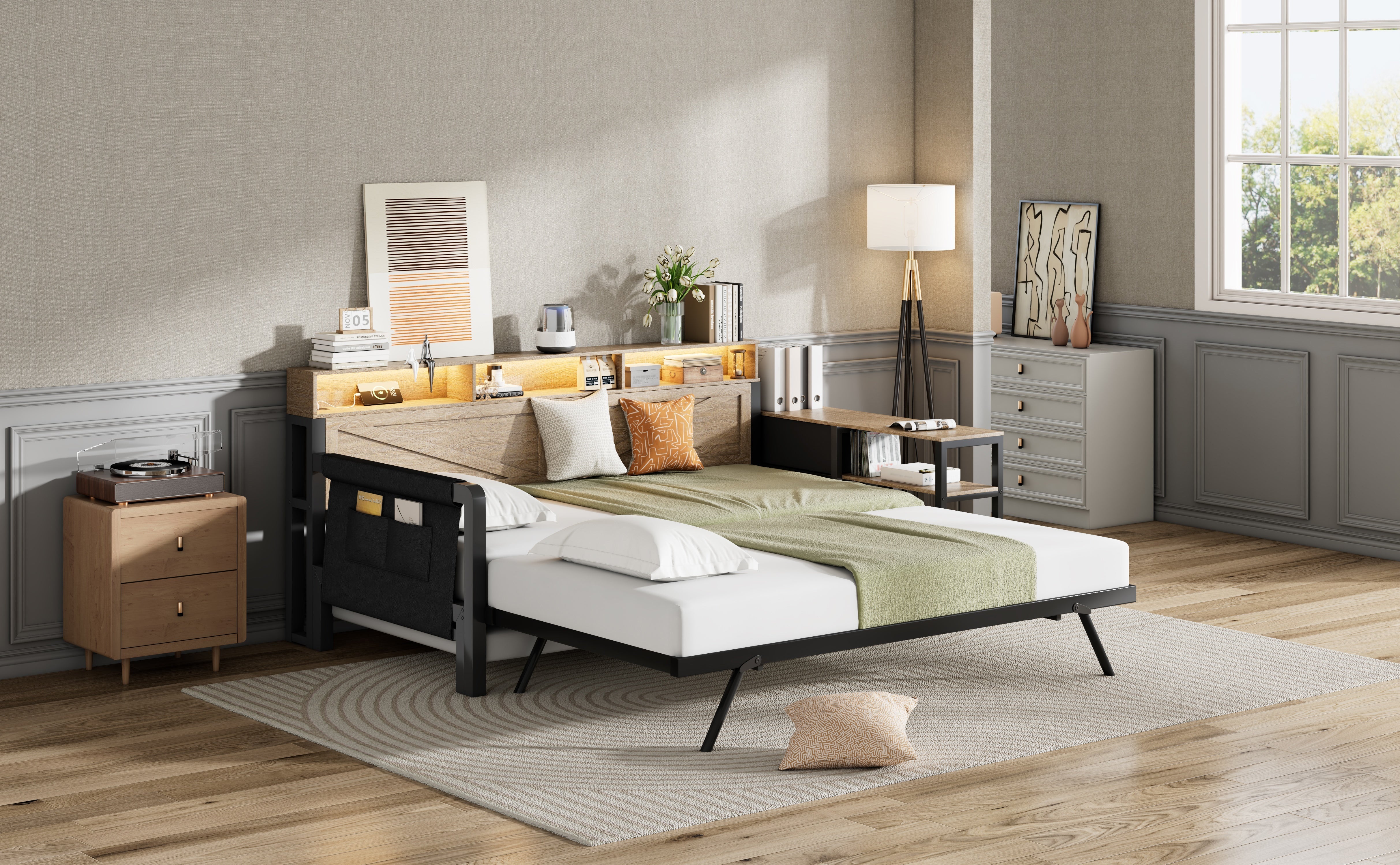 Metal Sofa Bed with Adjustable Pull-Out Bed, Storage Cabinet and LED Lighting, Black