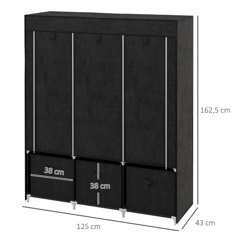 Fabric Wardrobe, Folding, 3 Drawers, Black
