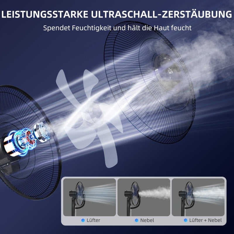 Pedestal Fan, Water-Cooled Mist 3 Speeds 3L Tank 75° Oscillation, 90W 125cm with Wheels