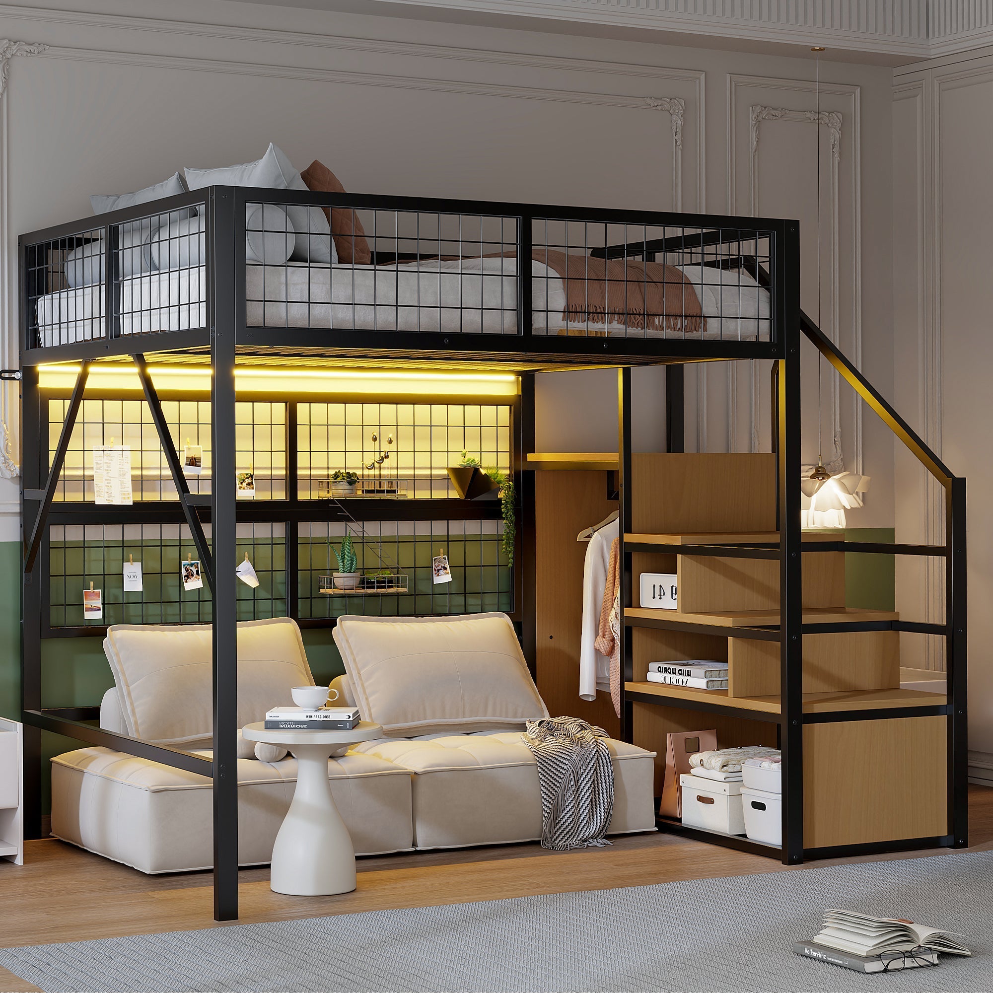 Metal Loft Bed 140x200 LED Lights Storage Open Wardrobe, Black
