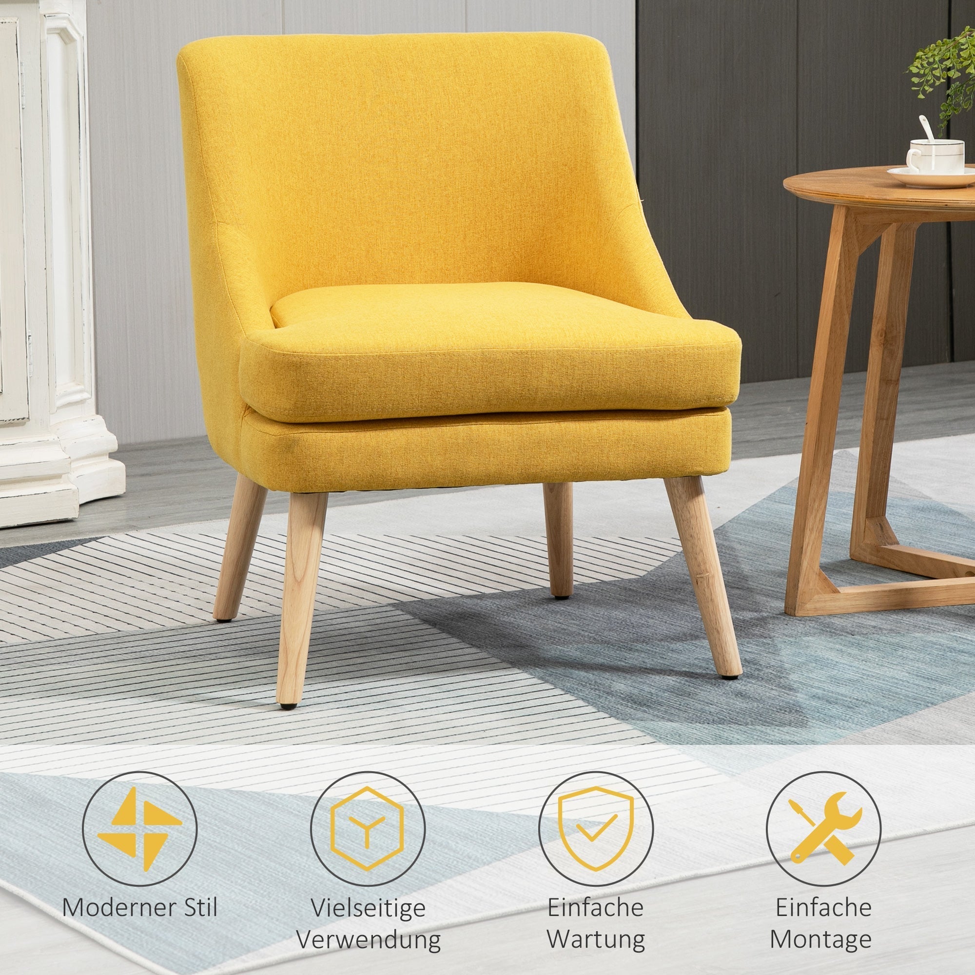 Dining Chair Upholstered with Armrests, Home & Office, Linen-Touch Wood Yellow
