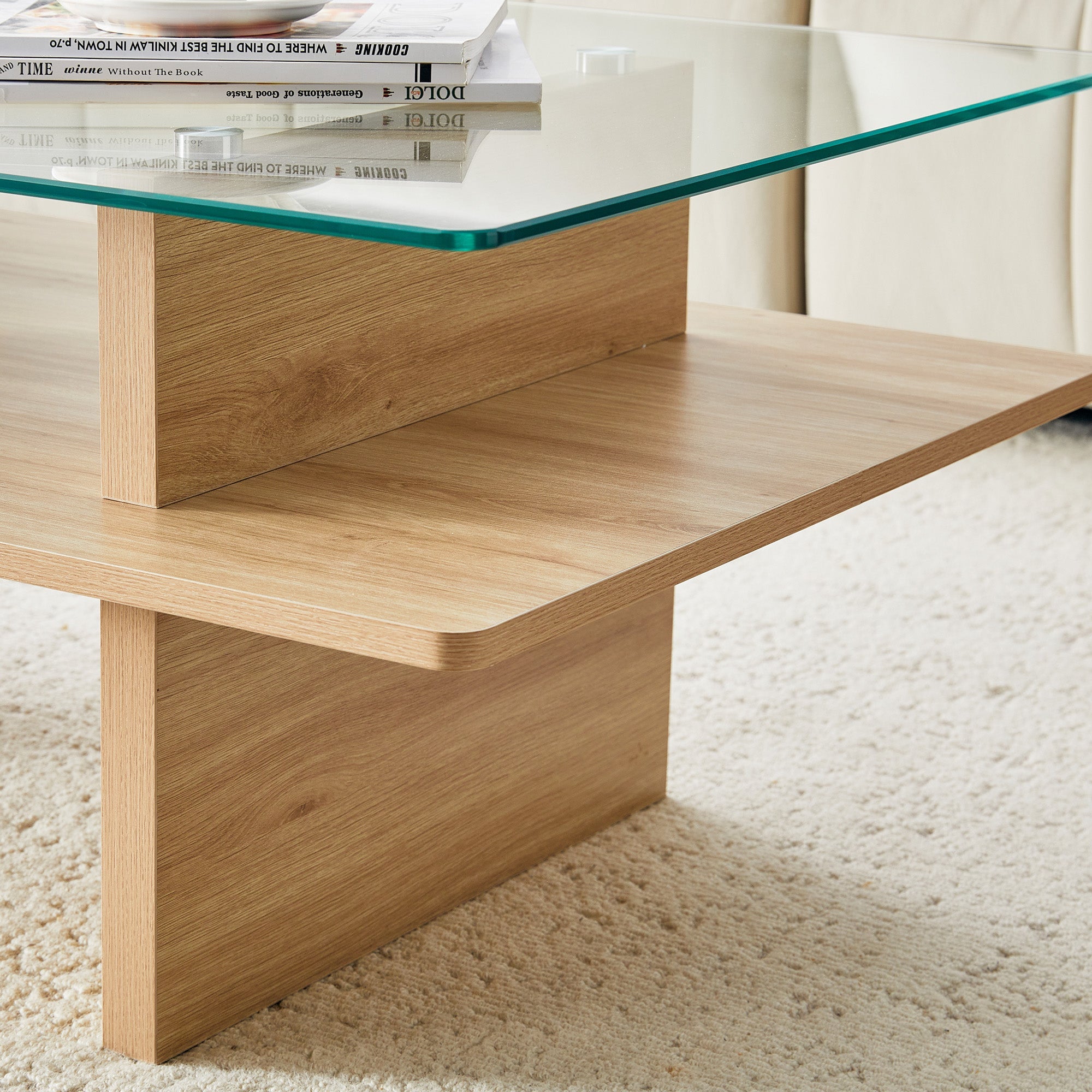 Two-Layer Coffee Table with Tempered Glass and Sturdy MDF Frame, Natural Wood Finish