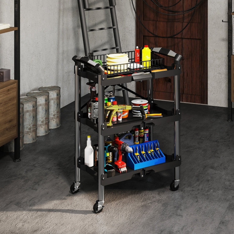 Workshop trolley 3 levels foldable tool with handle, 68 kg load capacity, black