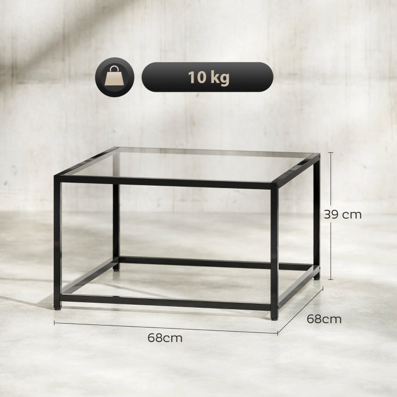 Square Side Table Tempered Glass Top Steel Legs - Black