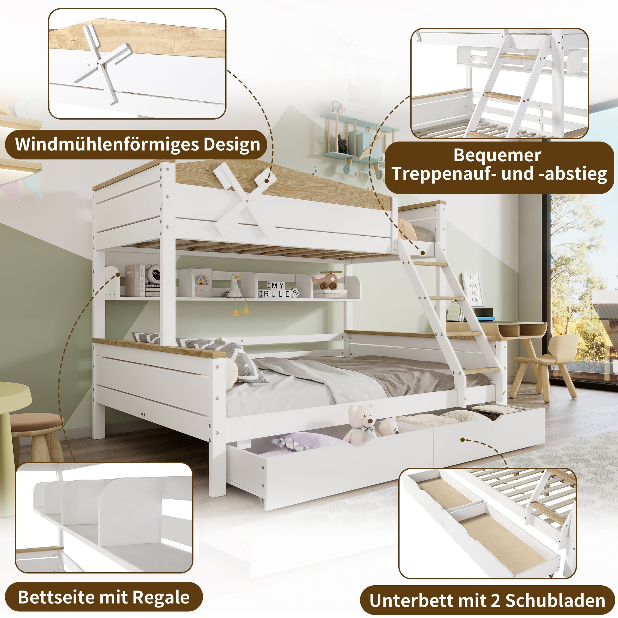 Bunk Bed with Windmill, Shelves & Drawers, Pine + MDF, White + Natural