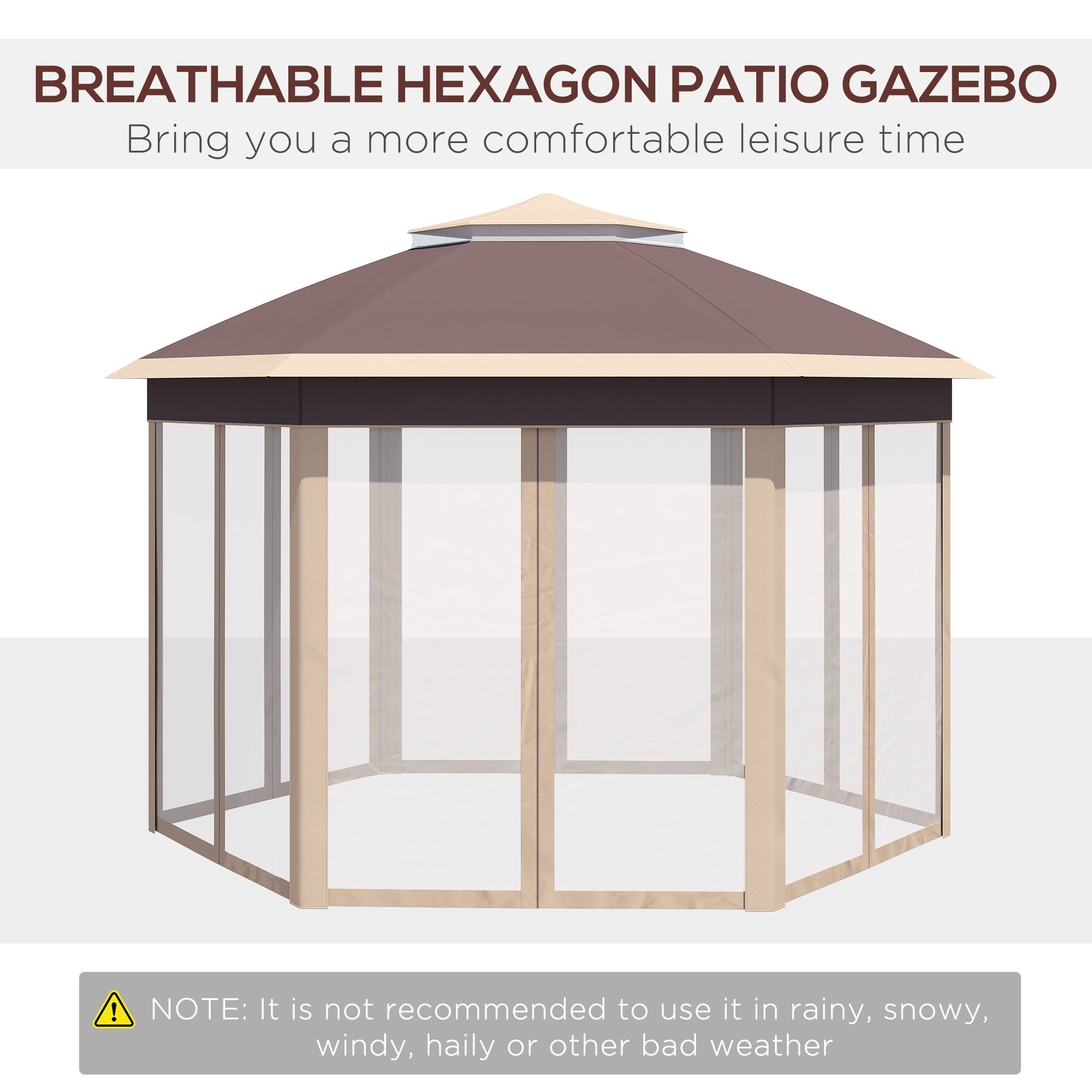 Pop-up Folding Pavilion, Hexagonal 4x4m Water UV-Resistant Double Roof, Polyester Beige/Khaki