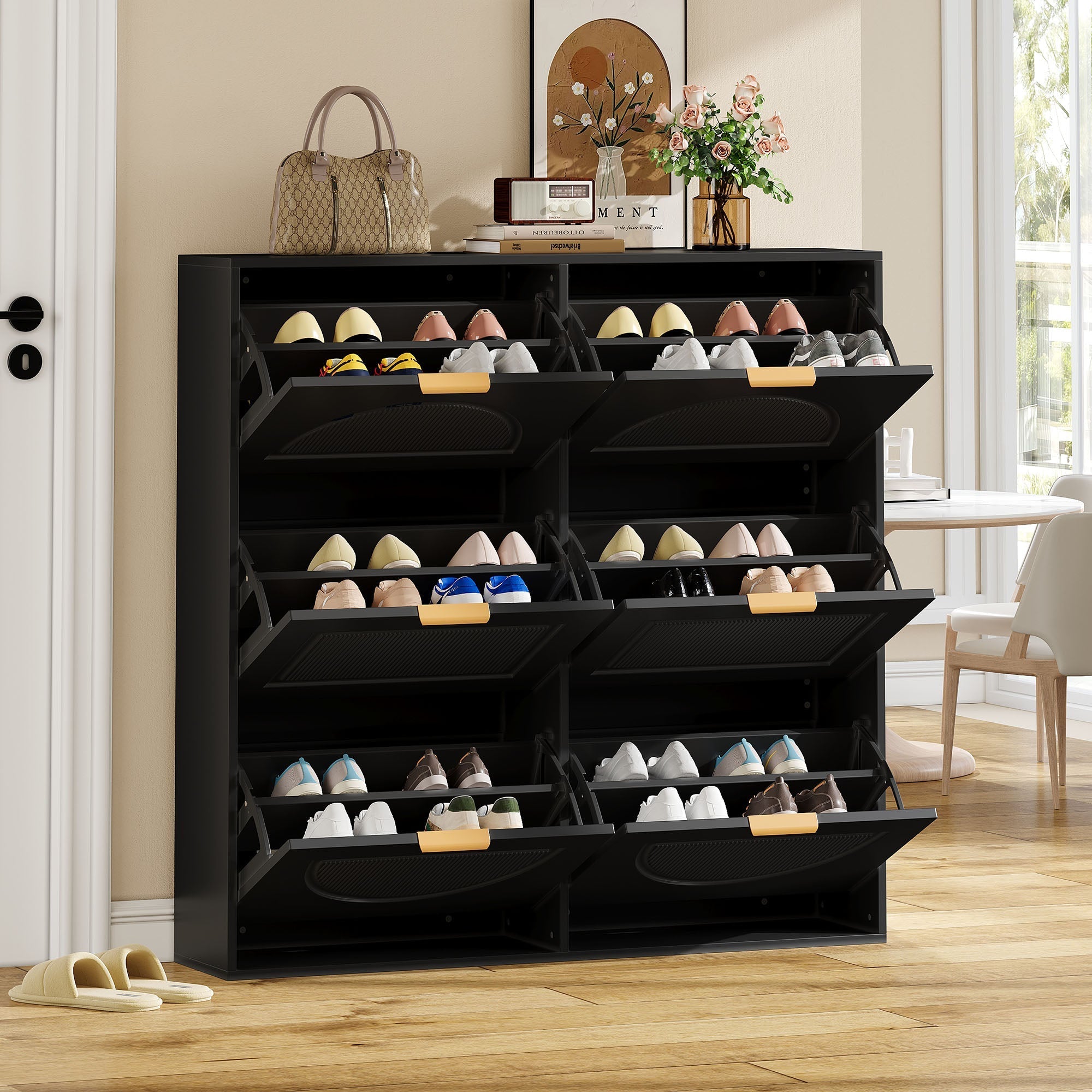 Shoe Cabinet 6 Flap Compartments Freestanding Open Shelves Black