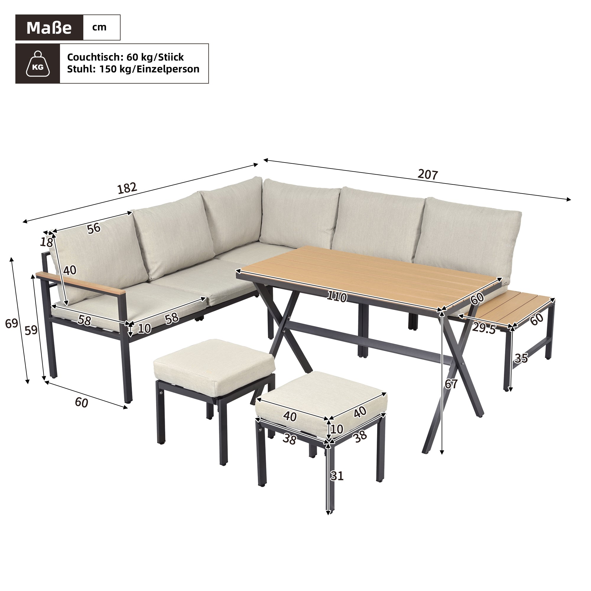 Garden Dining Furniture Set with Corner Sofa, 2 Stools and Table, Grey Galvanized Steel