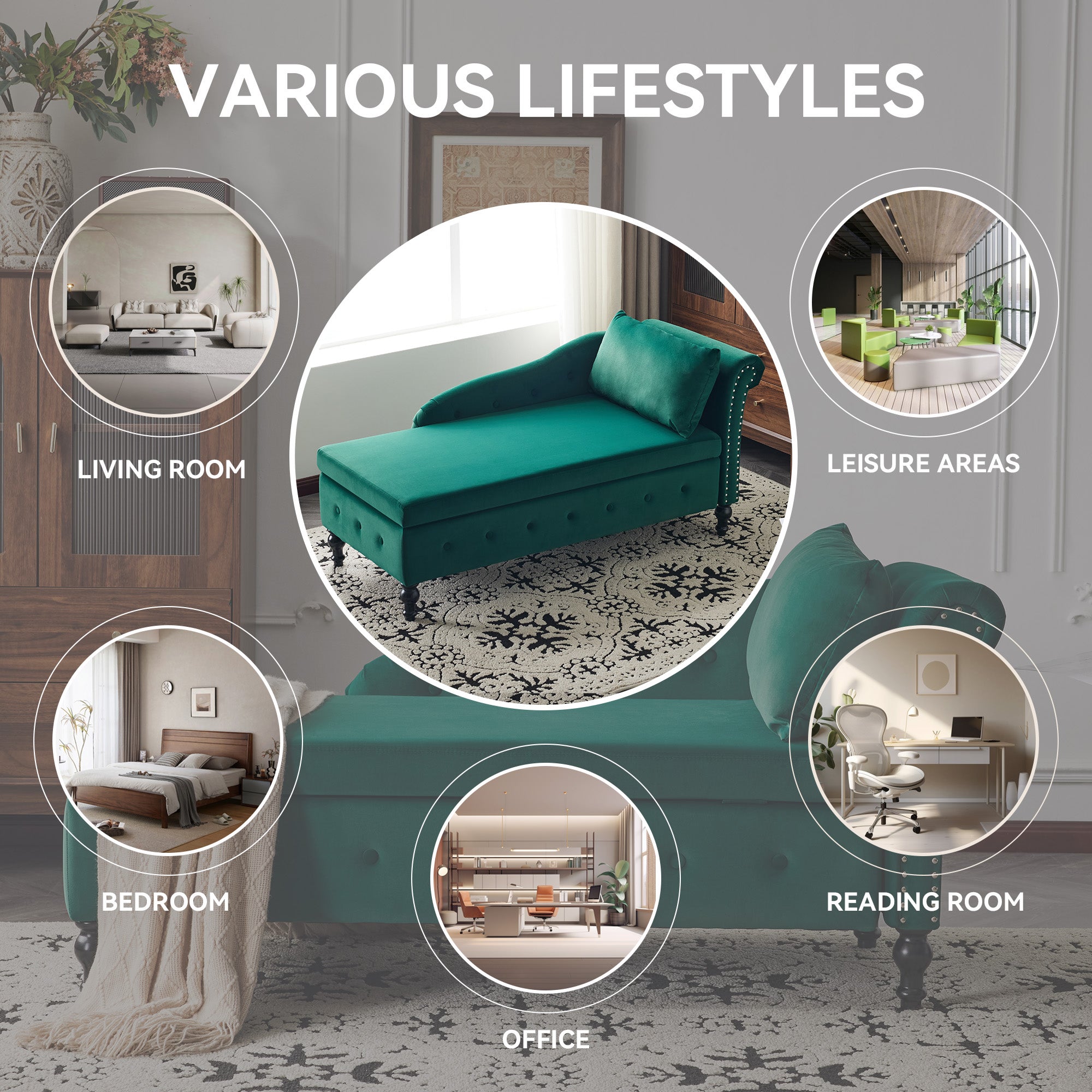 Velvet Chaise Lounge Sofa with Storage, Upholstered, Modern Nailhead-Trim & Button-tufted, Right Armrest